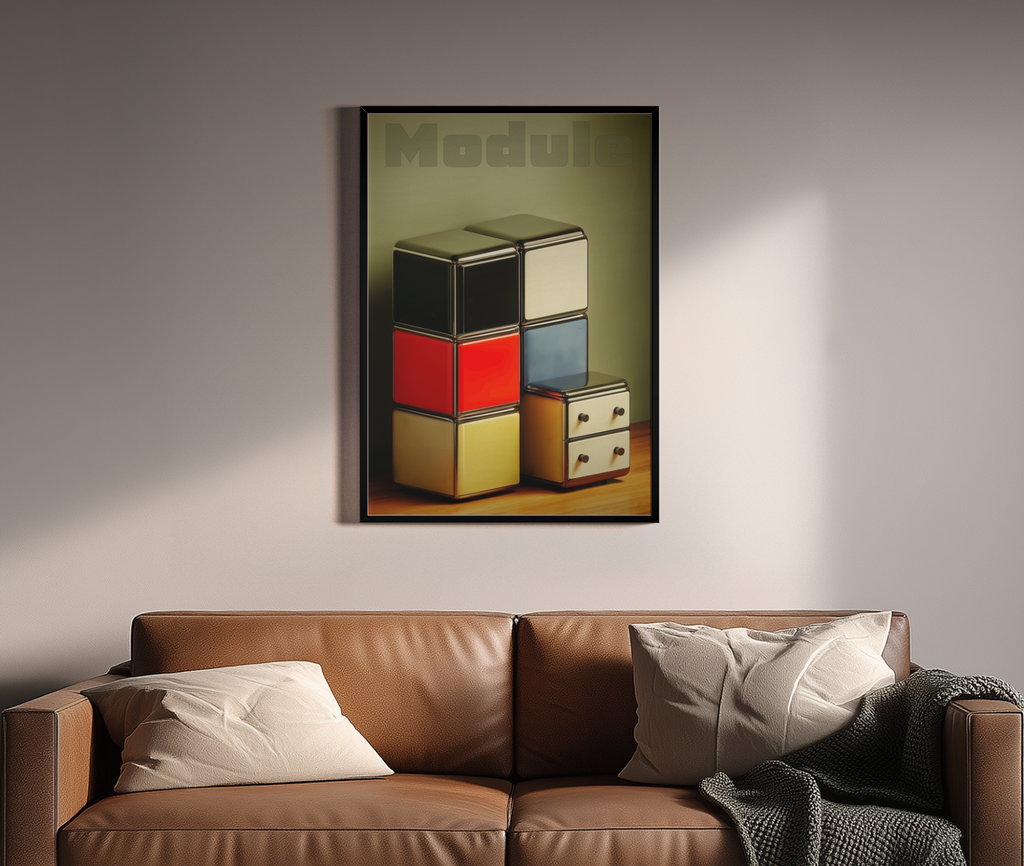 Modulare Retro-Schränke in Bauhaus-Farben mit Module Schriftzug – Wandbild über braunem Ledersofa