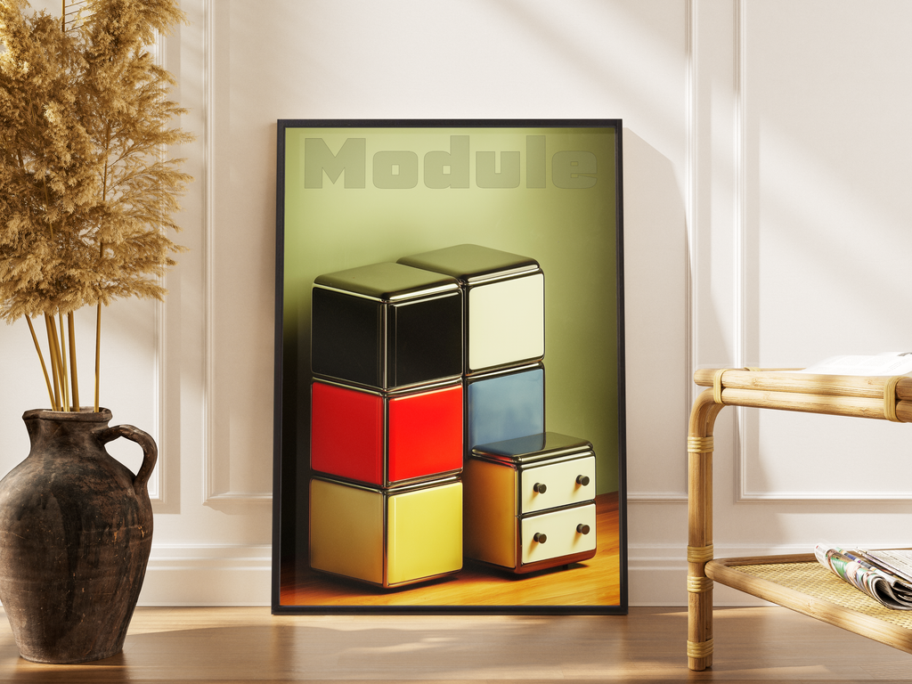 Modulare Retro-Schränke in Bauhaus-Farben mit Module Schriftzug – gerahmter Design Kunstdruck kaufen