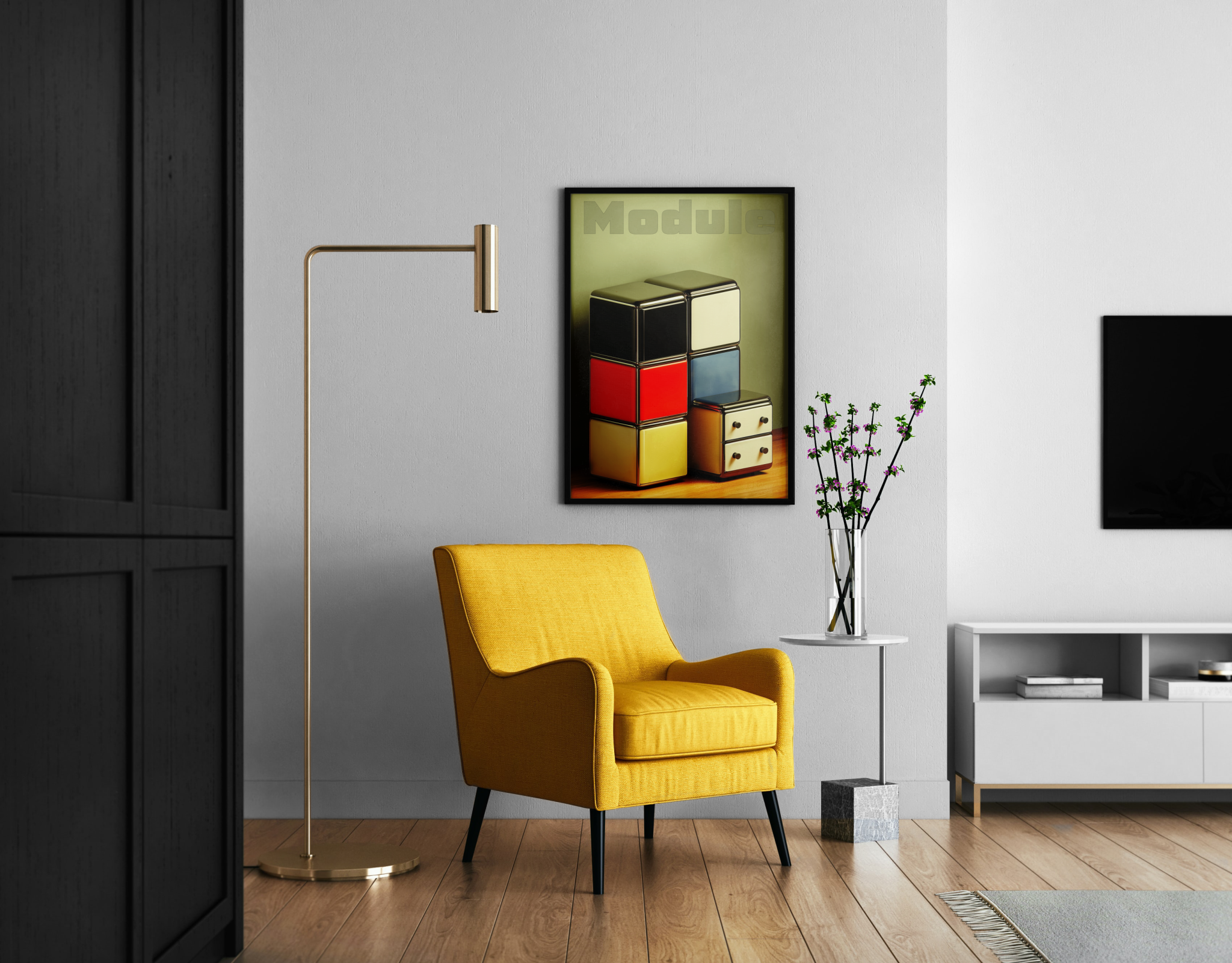 Modulare Retro-Schränke in Bauhaus-Farben mit Module Schriftzug – Design Poster im modernen Wohnzimmer