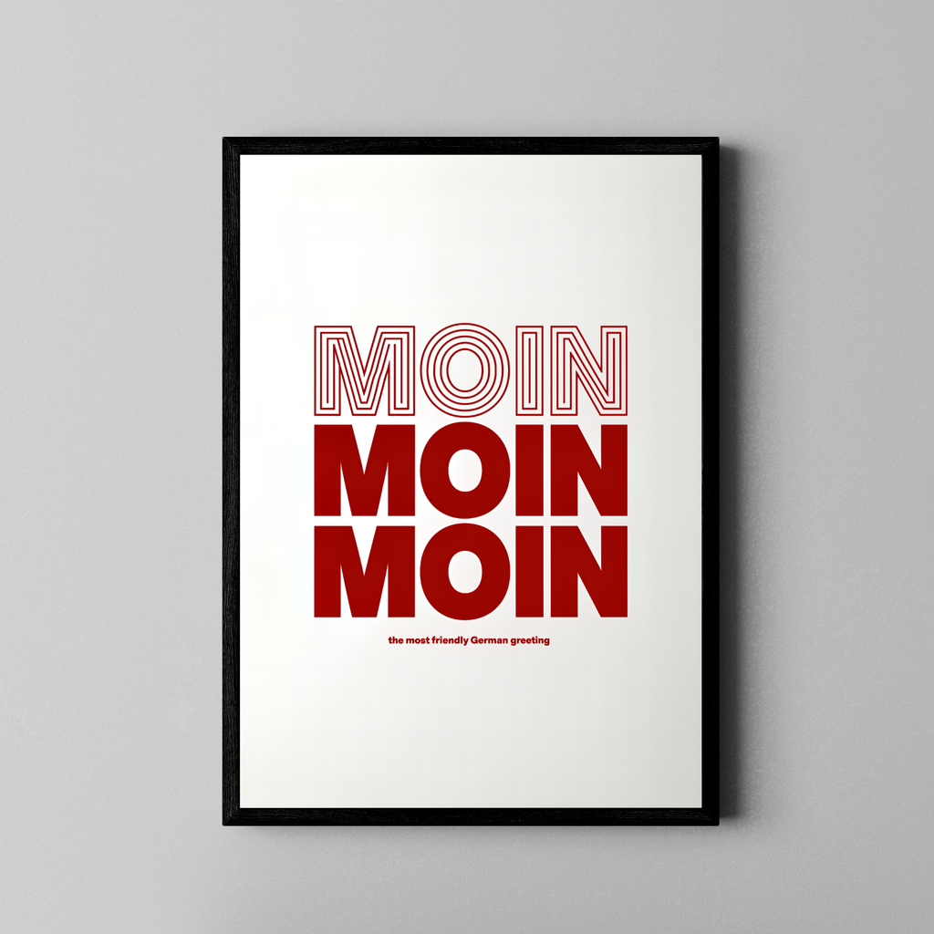 Moin – Moin Moin Moin Retro-Typo dunkelrot weiß | Siebdruck-Stil – Poster im schwarzen Rahmen