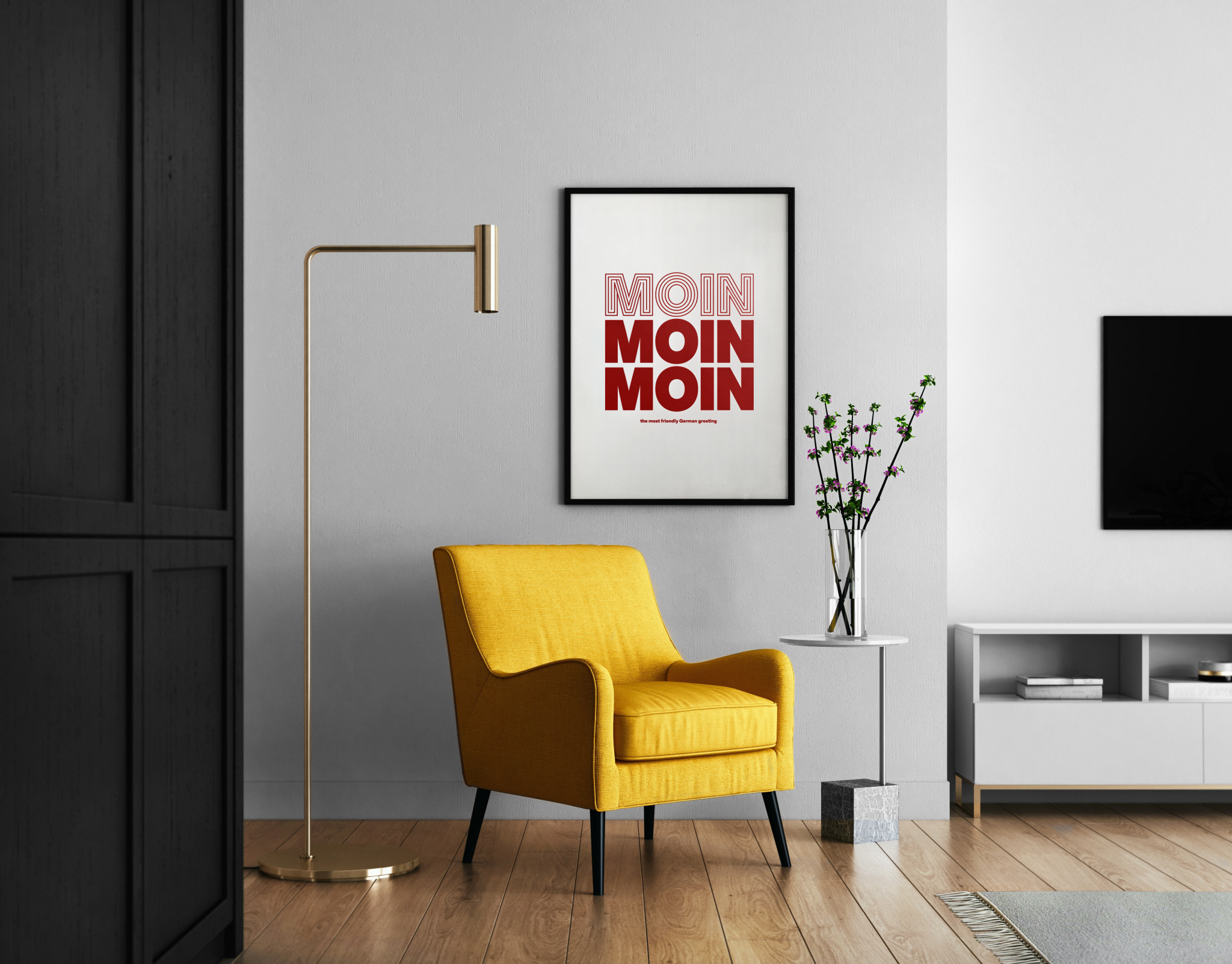 Moin – Retro Typografie Norddeutschland Wanddekoration rot | Retro-Kunstdruck – Wandbild im modernen Wohnzimmer
