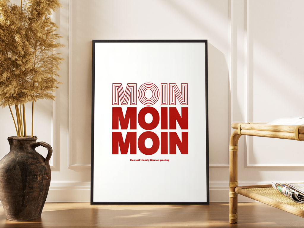 Moin – Nordsee Gruß Retro Typo Fine Art Poster rot | Retro-Typo-Druck – gerahmtes Poster kaufen