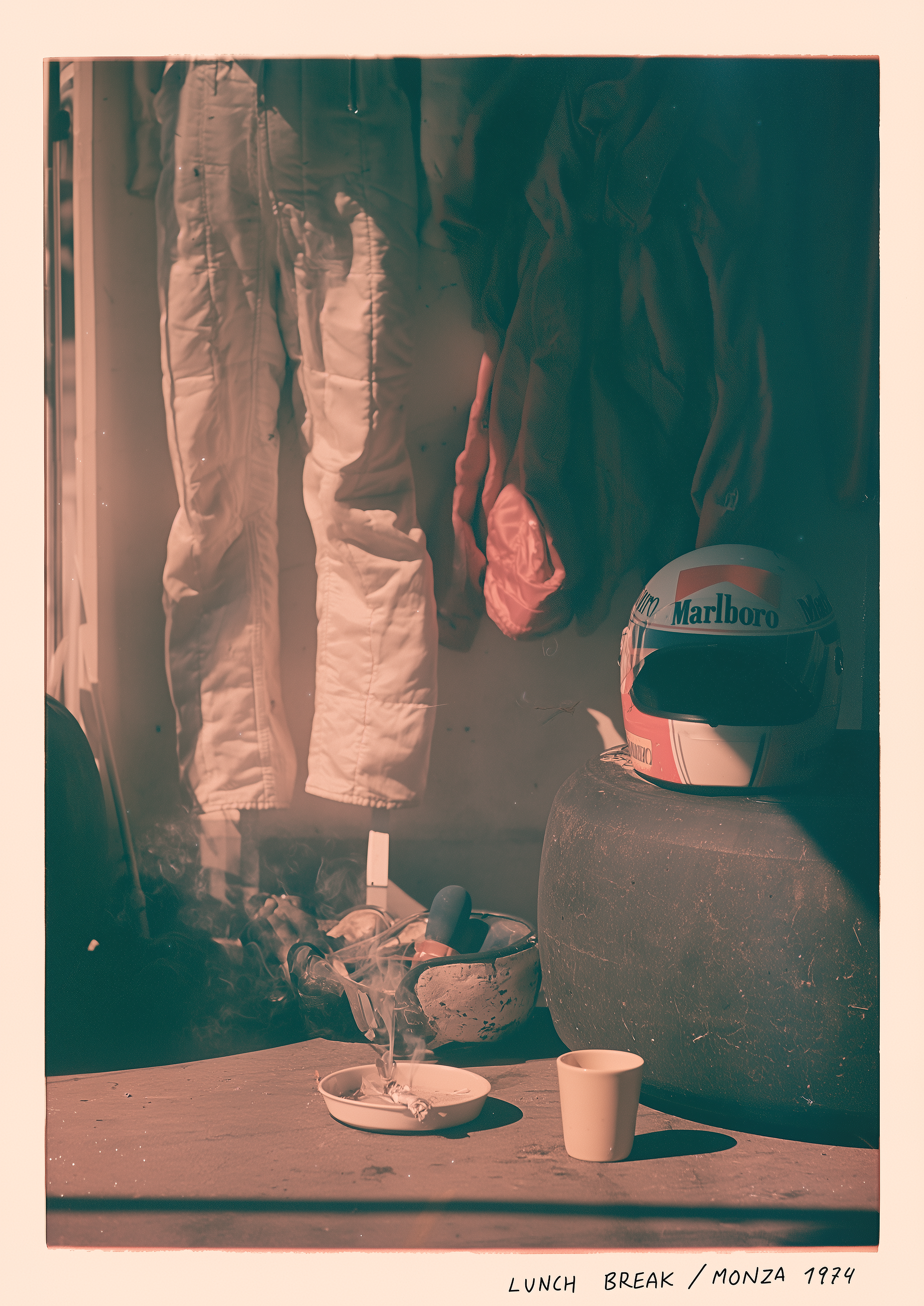 Monza – Lunch Break – Marlboro-Helm und Rennanzug im Paddock 1974 | Vintage-Fotografie – eleganter Kunstdruck