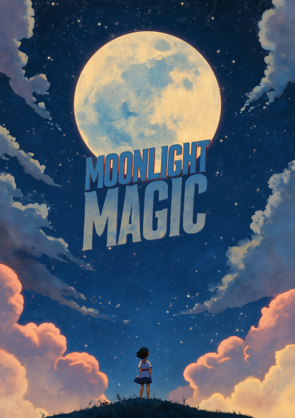 MOONLIGHT MAGIC – Anime Kunstdruck mit Kind unter großem Mond und Sternenhimmel