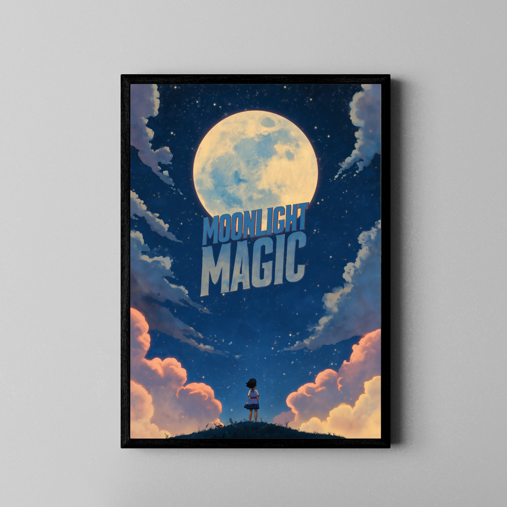 MOONLIGHT MAGIC – Anime Kunstdruck mit Kind unter großem Mond und Sternenhimmel – Poster im schwarzen Rahmen