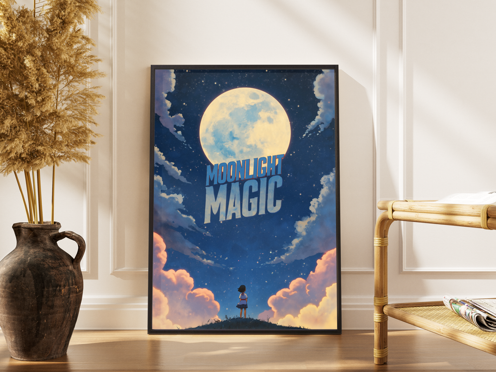 MOONLIGHT MAGIC – Anime Kunstdruck mit Kind unter großem Mond und Sternenhimmel – gerahmtes Poster kaufen