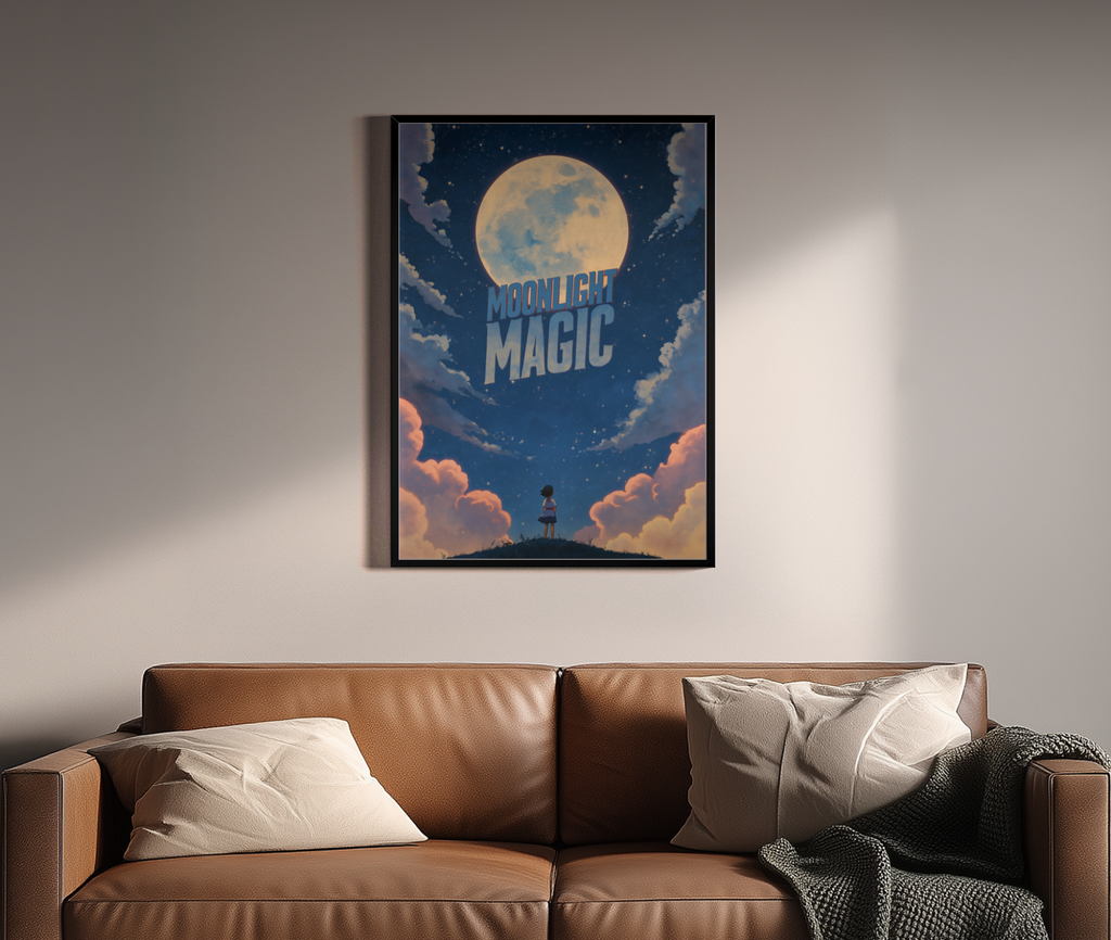 MOONLIGHT MAGIC – Anime Kunstdruck mit Kind unter großem Mond und Sternenhimmel – Wandbild über braunem Ledersofa