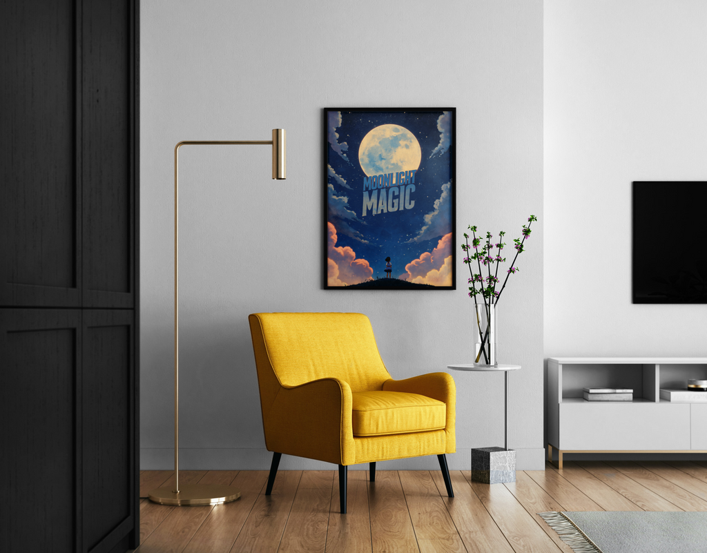 MOONLIGHT MAGIC – Anime Kunstdruck mit Kind unter großem Mond und Sternenhimmel – Wandbild im modernen Wohnzimmer