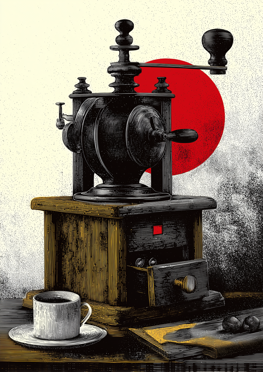 Antike Kaffeemühle vor roter Sonne im Gravur-Stil – japanisch inspirierter Küchen Kunstdruck