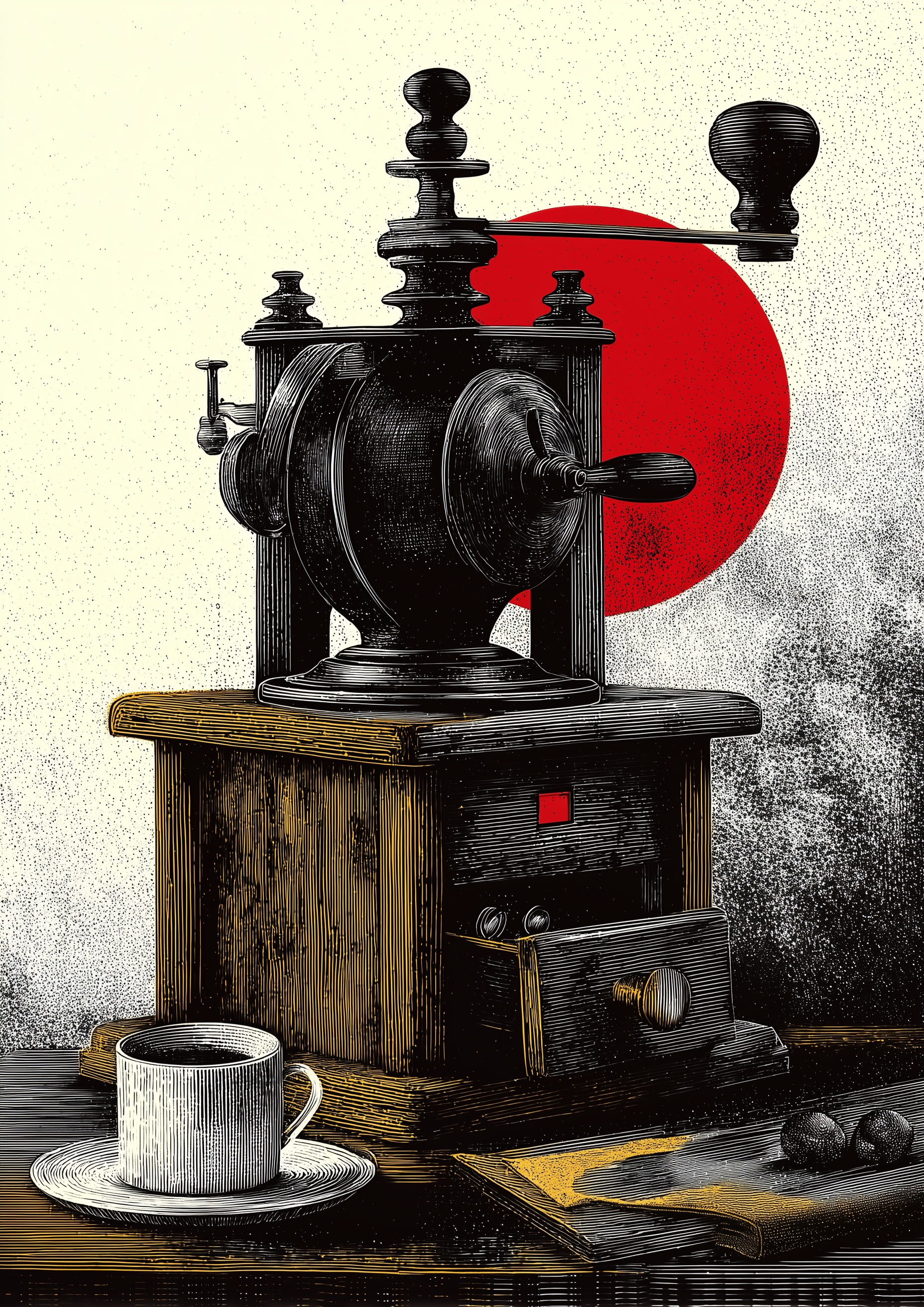 Antike Kaffeemühle vor roter Sonne im Gravur-Stil – japanisch inspirierter Küchen Kunstdruck