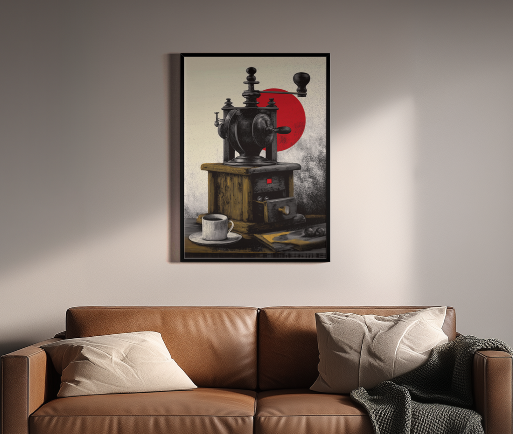 Antike Kaffeemühle vor roter Sonne im Gravur-Stil – Wandbild über braunem Ledersofa