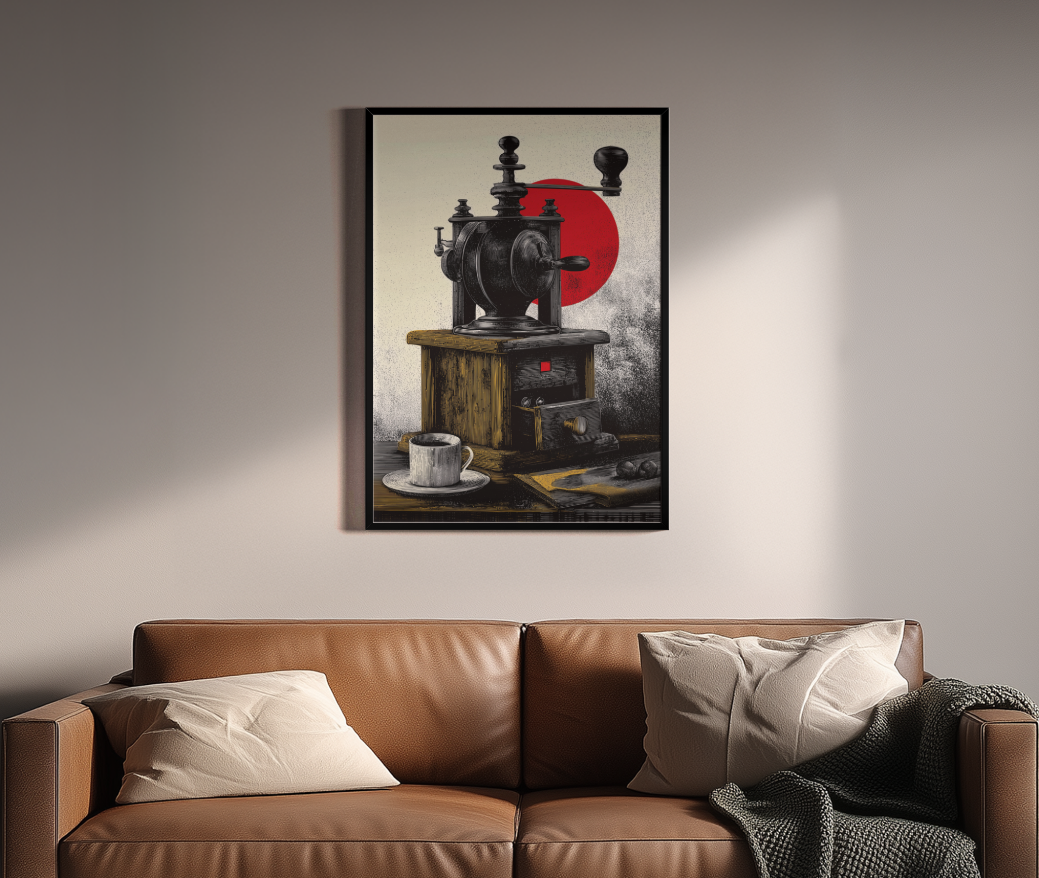 Antike Kaffeemühle vor roter Sonne im Gravur-Stil – Wandbild über braunem Ledersofa