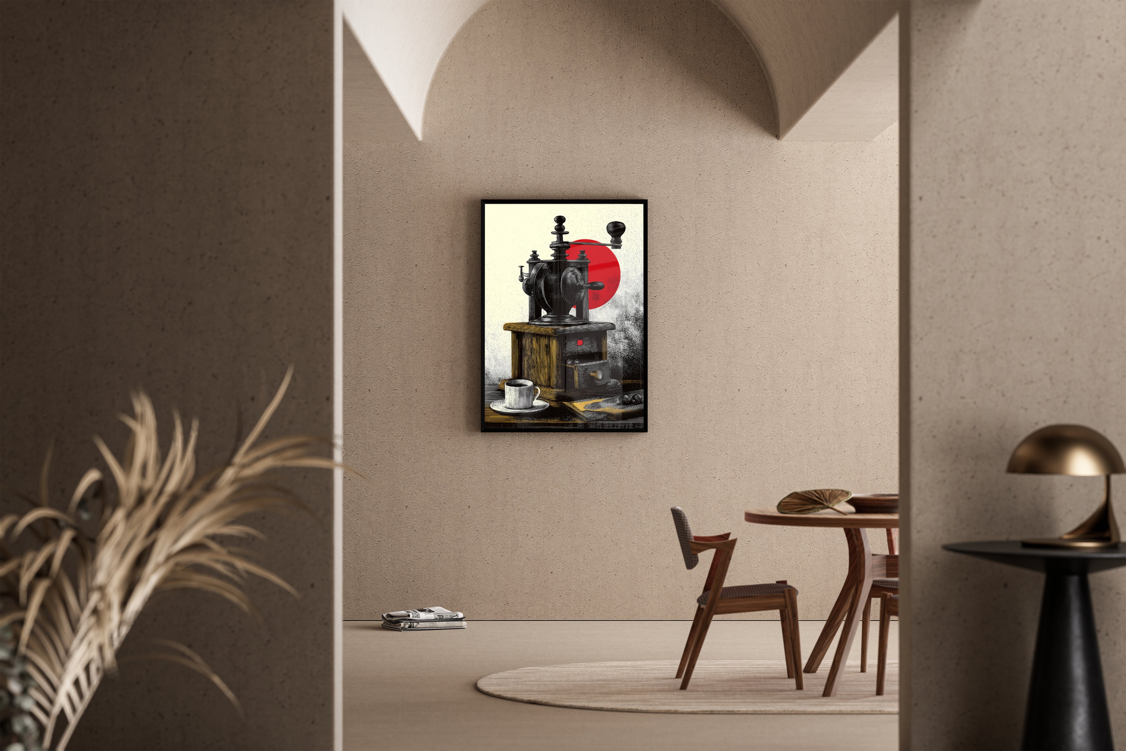 Antike Kaffeemühle vor roter Sonne im Gravur-Stil – Kunstdruck im mediterranen Esszimmer