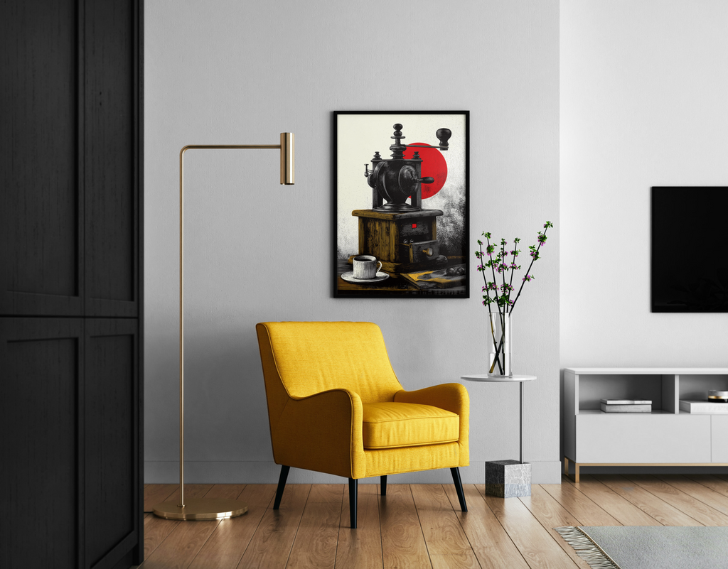 Antike Kaffeemühle vor roter Sonne im Gravur-Stil – Küchen Poster im modernen Wohnzimmer