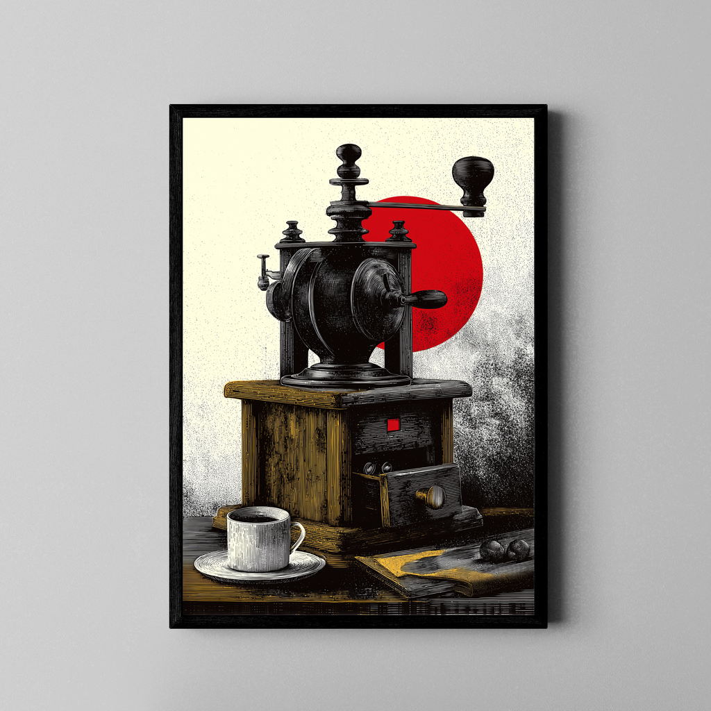 Antike Kaffeemühle vor roter Sonne im Gravur-Stil – Küchen Poster im schwarzen Rahmen