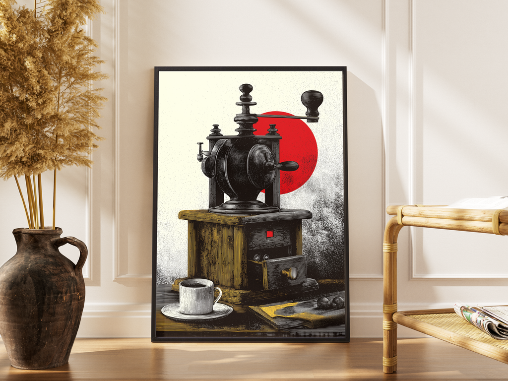 Antike Kaffeemühle vor roter Sonne im Gravur-Stil – gerahmter Küchen Kunstdruck kaufen