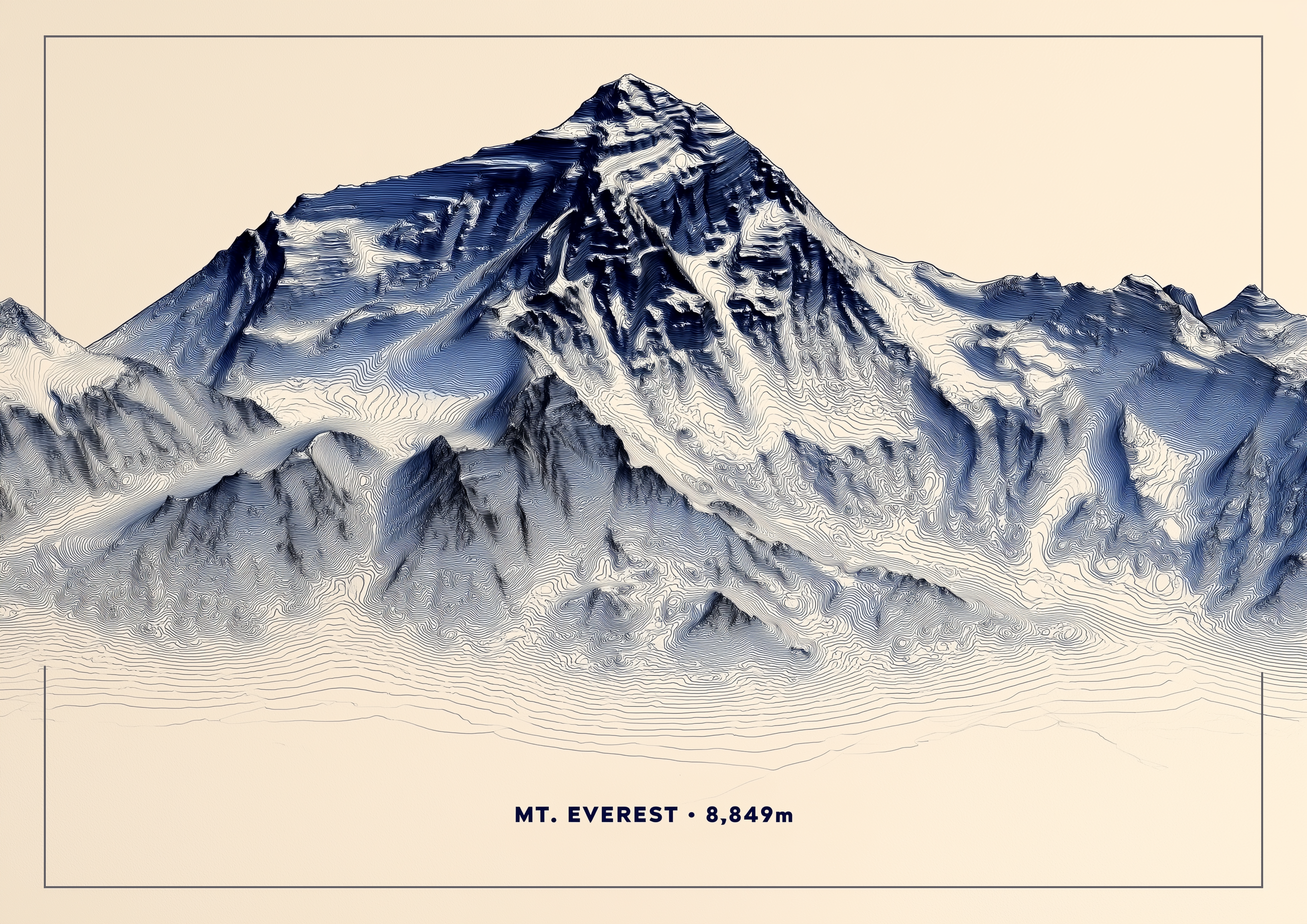 MOUNT EVEREST – topografische Illustration, 8849m, Blau-Creme – eleganter Kunstdruck