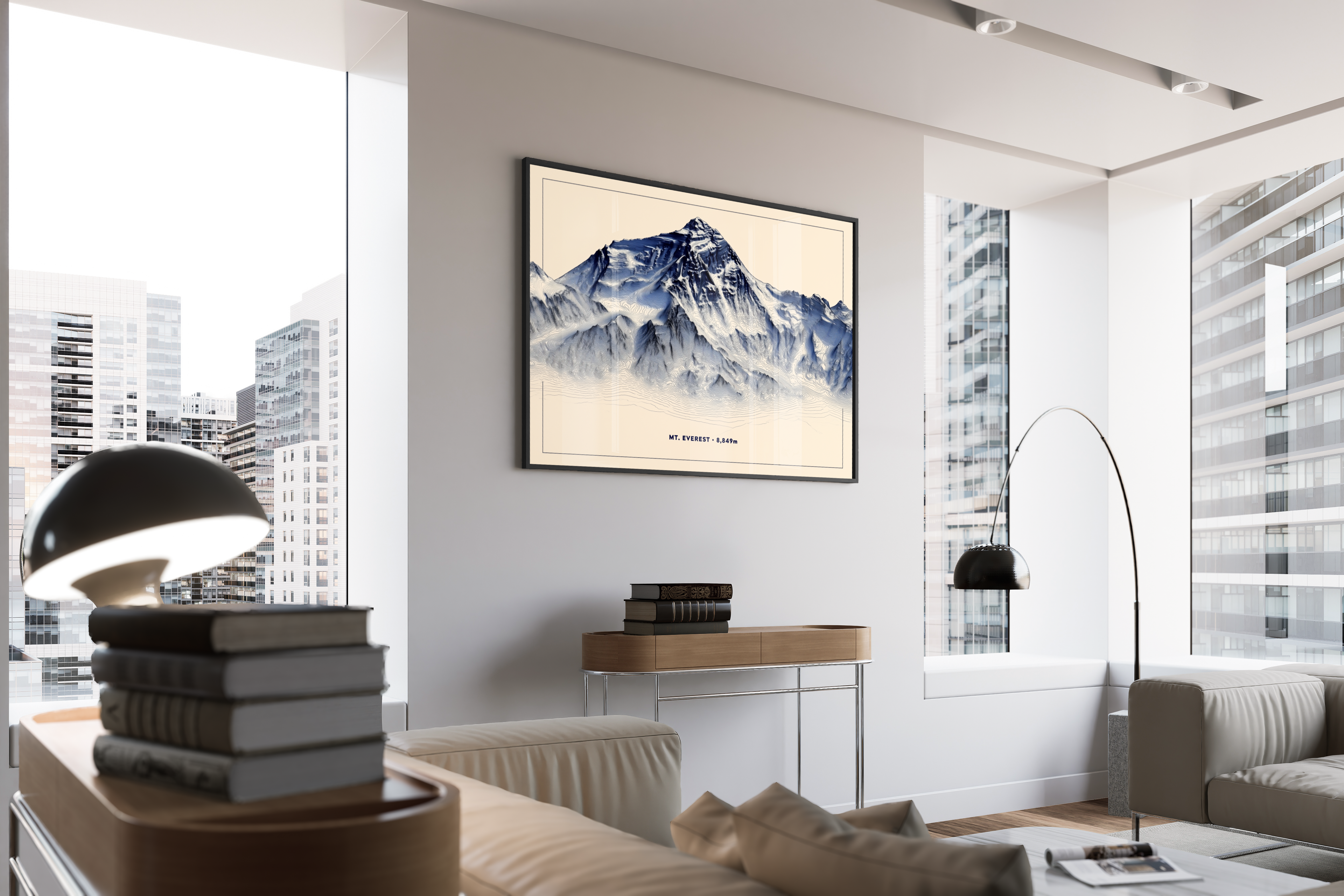 MOUNT EVEREST – topografische Illustration, 8849m, Blau-Creme – gerahmtes Poster kaufen