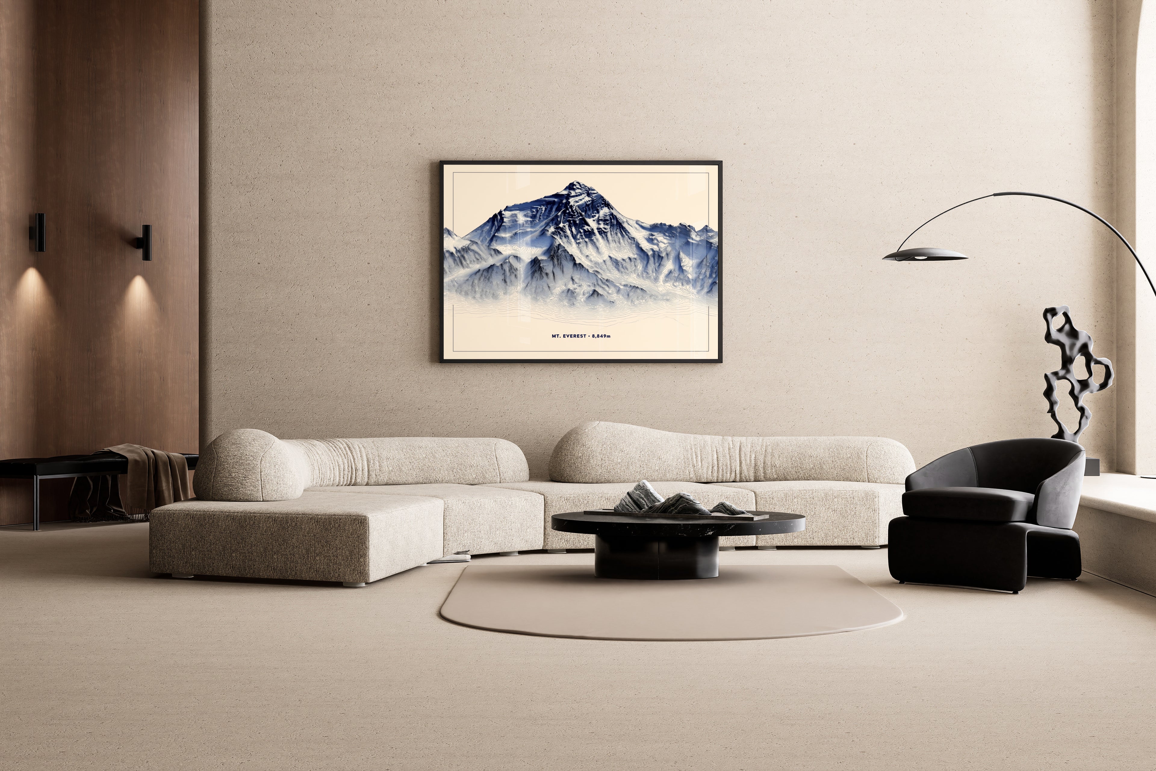 MOUNT EVEREST – topografische Illustration, 8849m, Blau-Creme – Wandbild im modernen Wohnzimmer