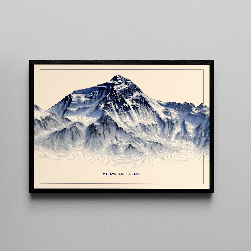  MOUNT EVEREST – topografische Illustration, 8849m, Blau-Creme – Poster im schwarzen Rahmen