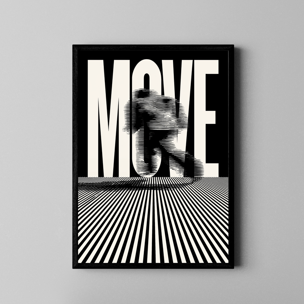 Move – Schwarz-Weiß-Typografie mit Laufmotiv | Siebdruck-Stil – Poster im schwarzen Rahmen