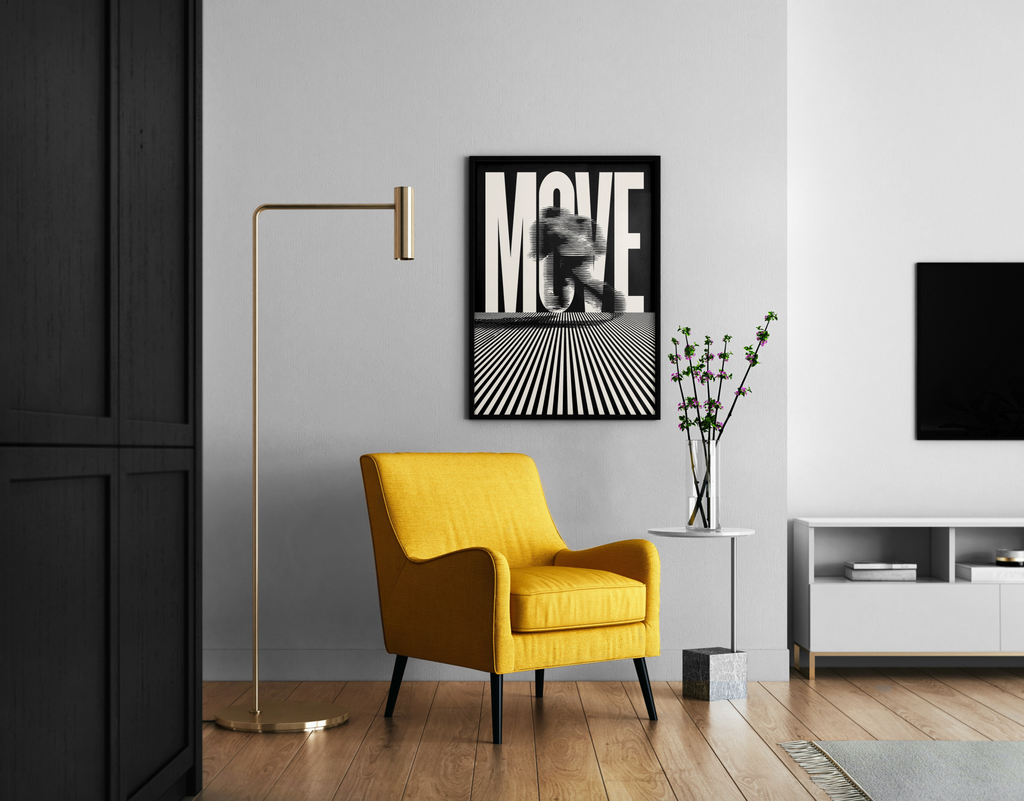 Move – Großbuchstaben-Typografie mit Läufer | Op-Art-Stil – Wandbild im modernen Wohnzimmer