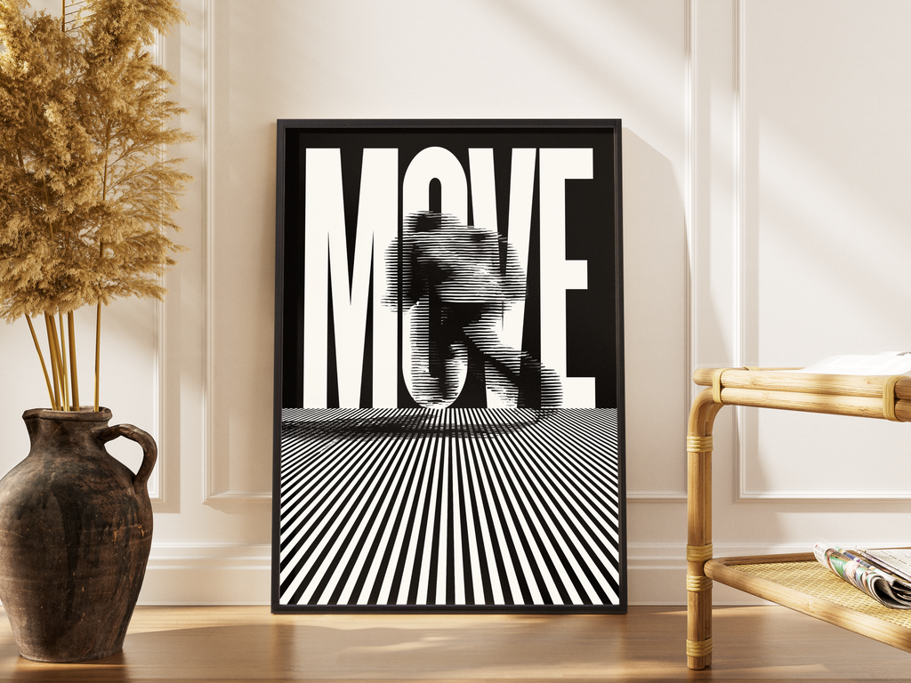 Move – Sport-Statement-Print in Schwarz-Weiß | Siebdruck-Fine-Art-Poster – gerahmtes Poster kaufen