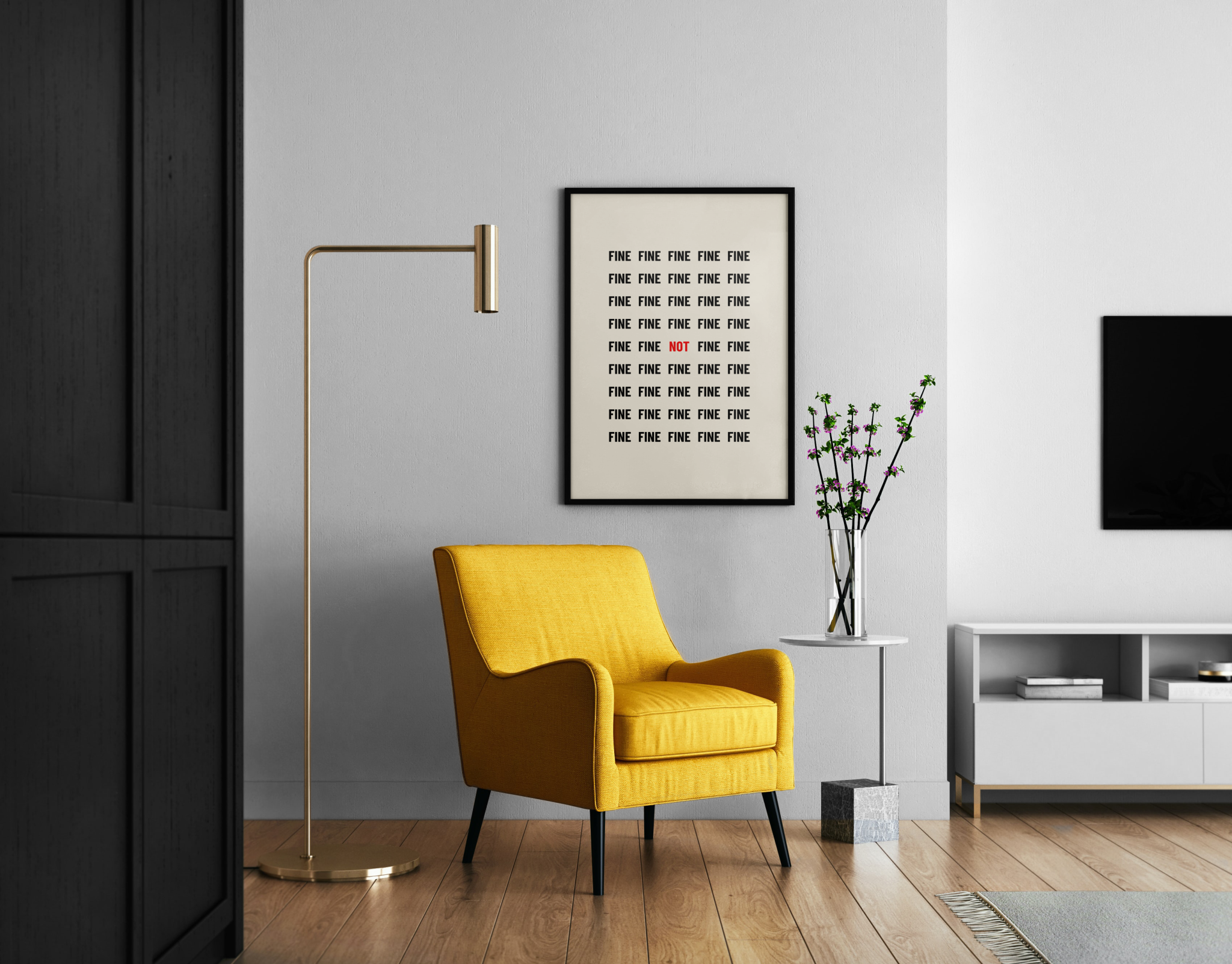 Not Fine – Mental-Health-Statement-Print | Typo-Art-Stil – Wandbild im modernen Wohnzimmer