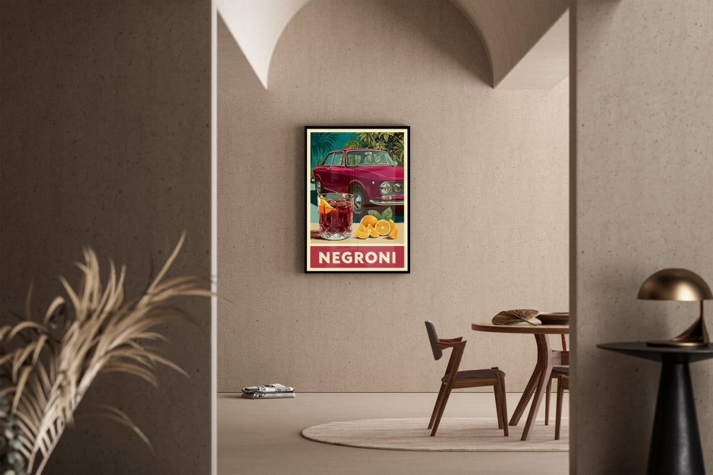 NEGRONI – Alfa Romeo Giulia GT mit Negroni-Cocktail im italienischen Retro-Poster-Stil – Kunstdruck im mediterranen Esszimmer