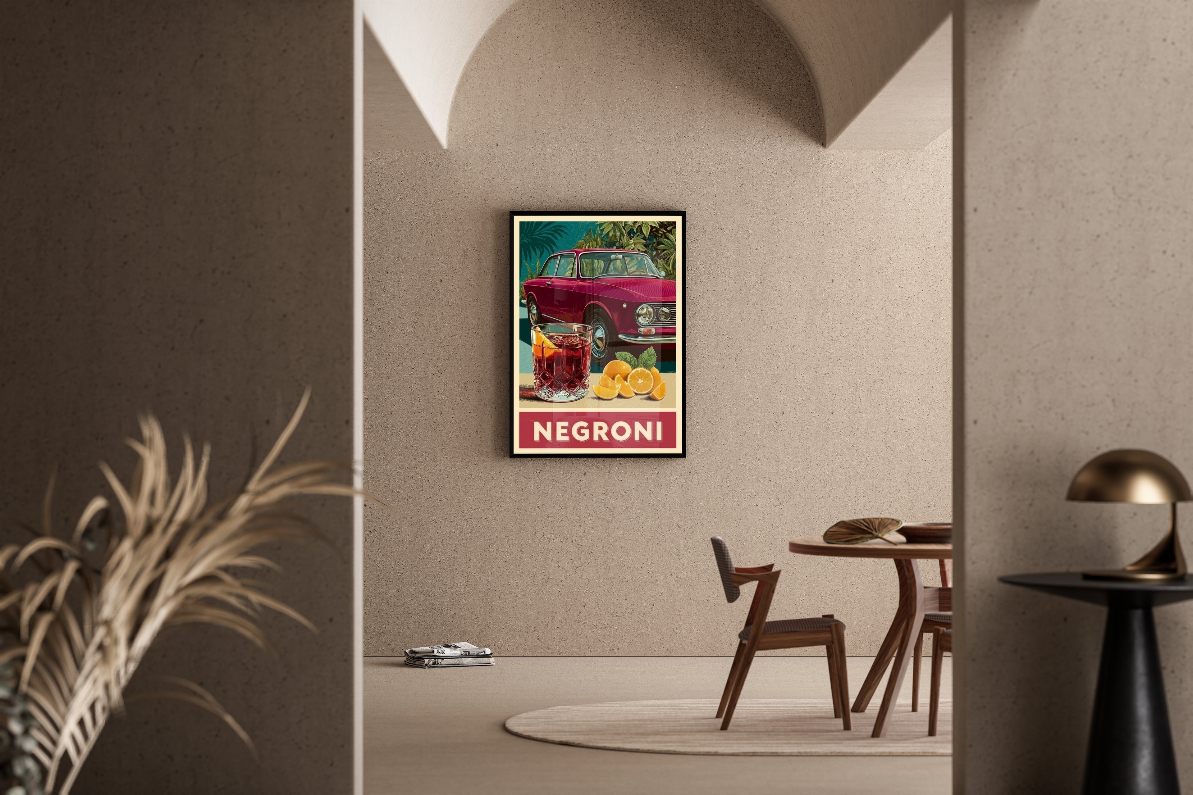 NEGRONI – Alfa Romeo Giulia GT mit Negroni-Cocktail im italienischen Retro-Poster-Stil – Kunstdruck im mediterranen Esszimmer