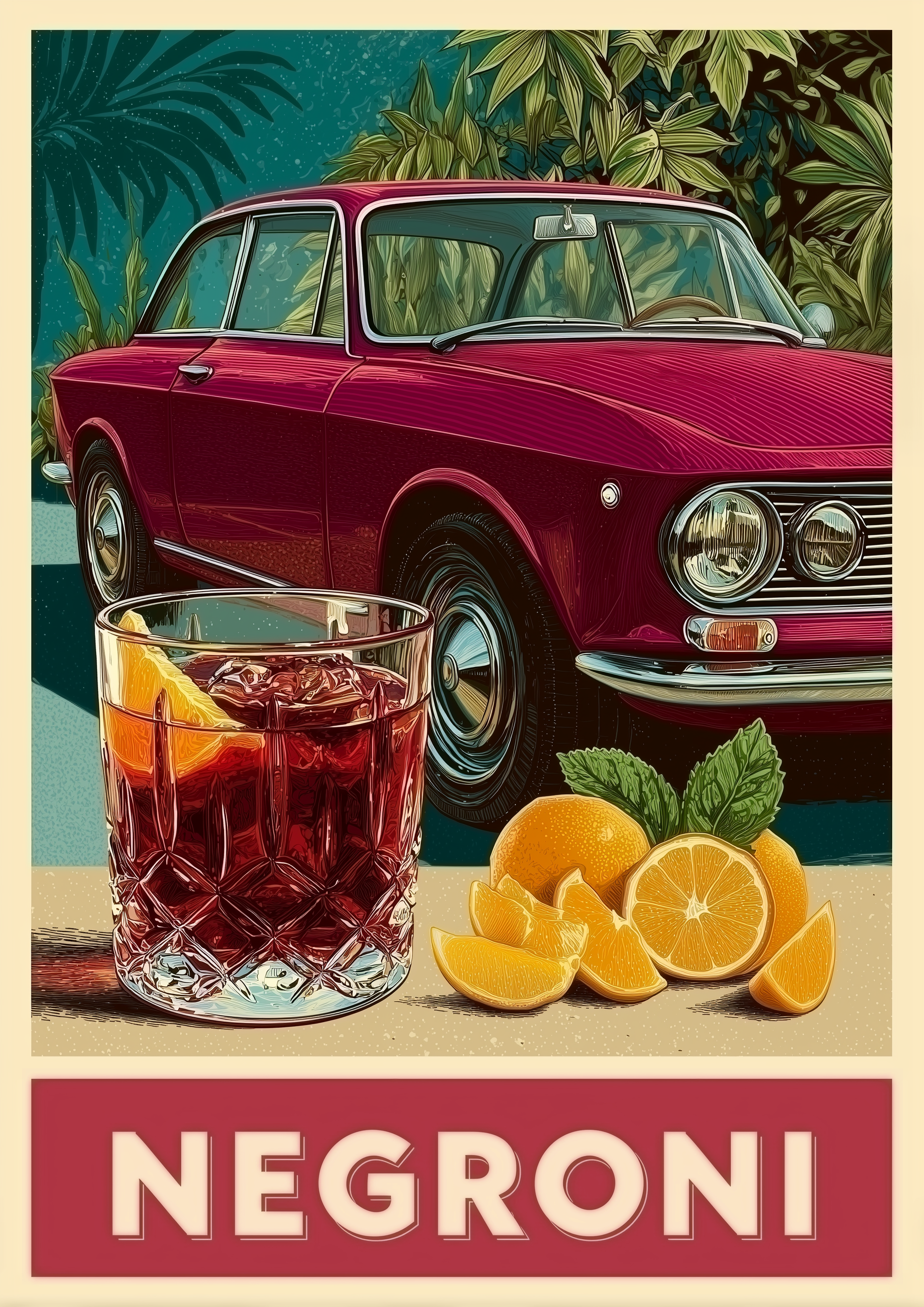 NEGRONI – Alfa Romeo Giulia GT mit Negroni-Cocktail im italienischen Retro-Poster-Stil – Fine Art Kunstdruck