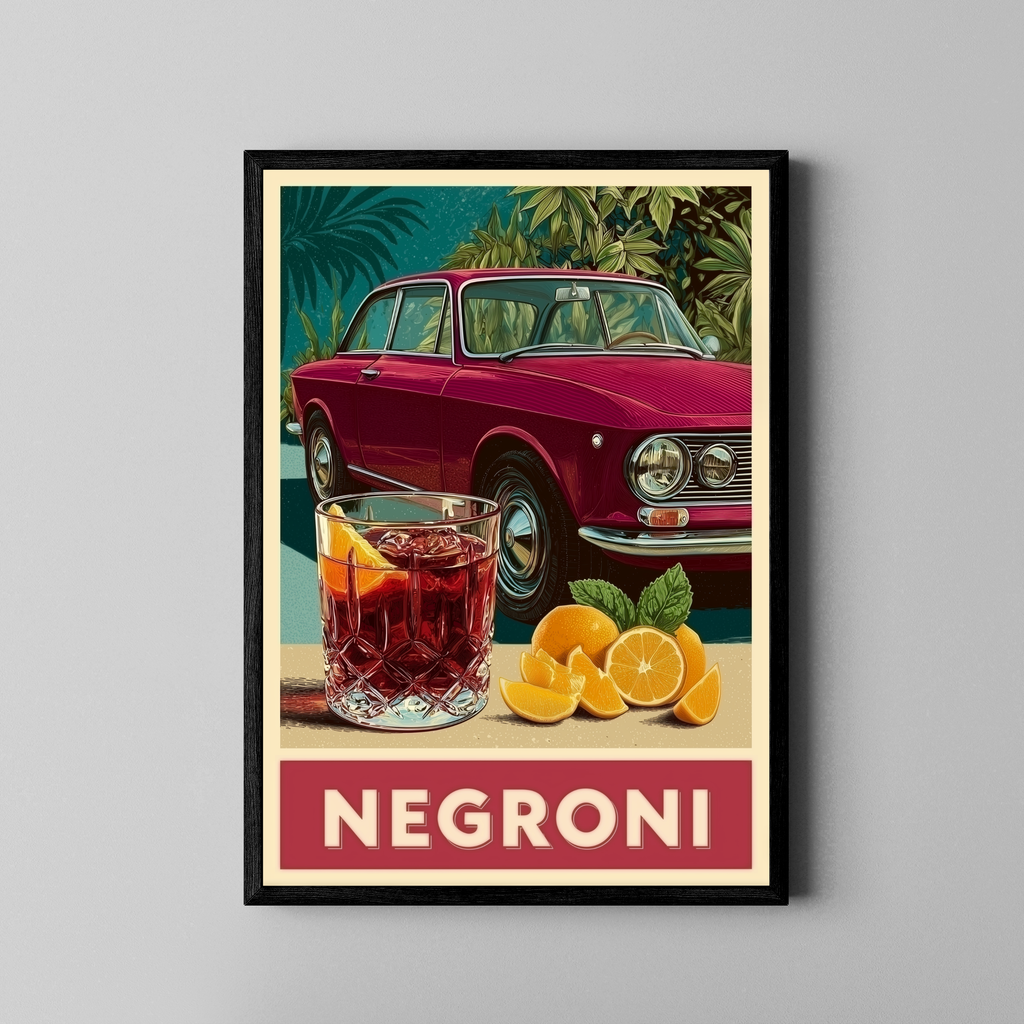 NEGRONI – Alfa Romeo Giulia GT mit Negroni-Cocktail im italienischen Retro-Poster-Stil – Poster im schwarzen Rahmen