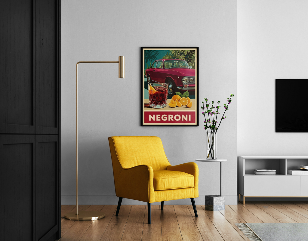 NEGRONI – Alfa Romeo Giulia GT mit Negroni-Cocktail im italienischen Retro-Poster-Stil – Retro Poster im modernen Wohnzimmer