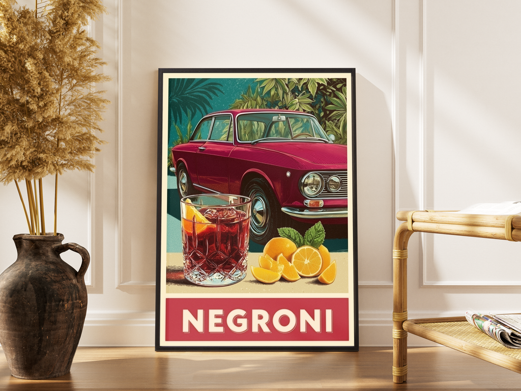 NEGRONI – Alfa Romeo Giulia GT mit Negroni-Cocktail im italienischen Retro-Poster-Stil – gerahmter Retro Kunstdruck kaufen