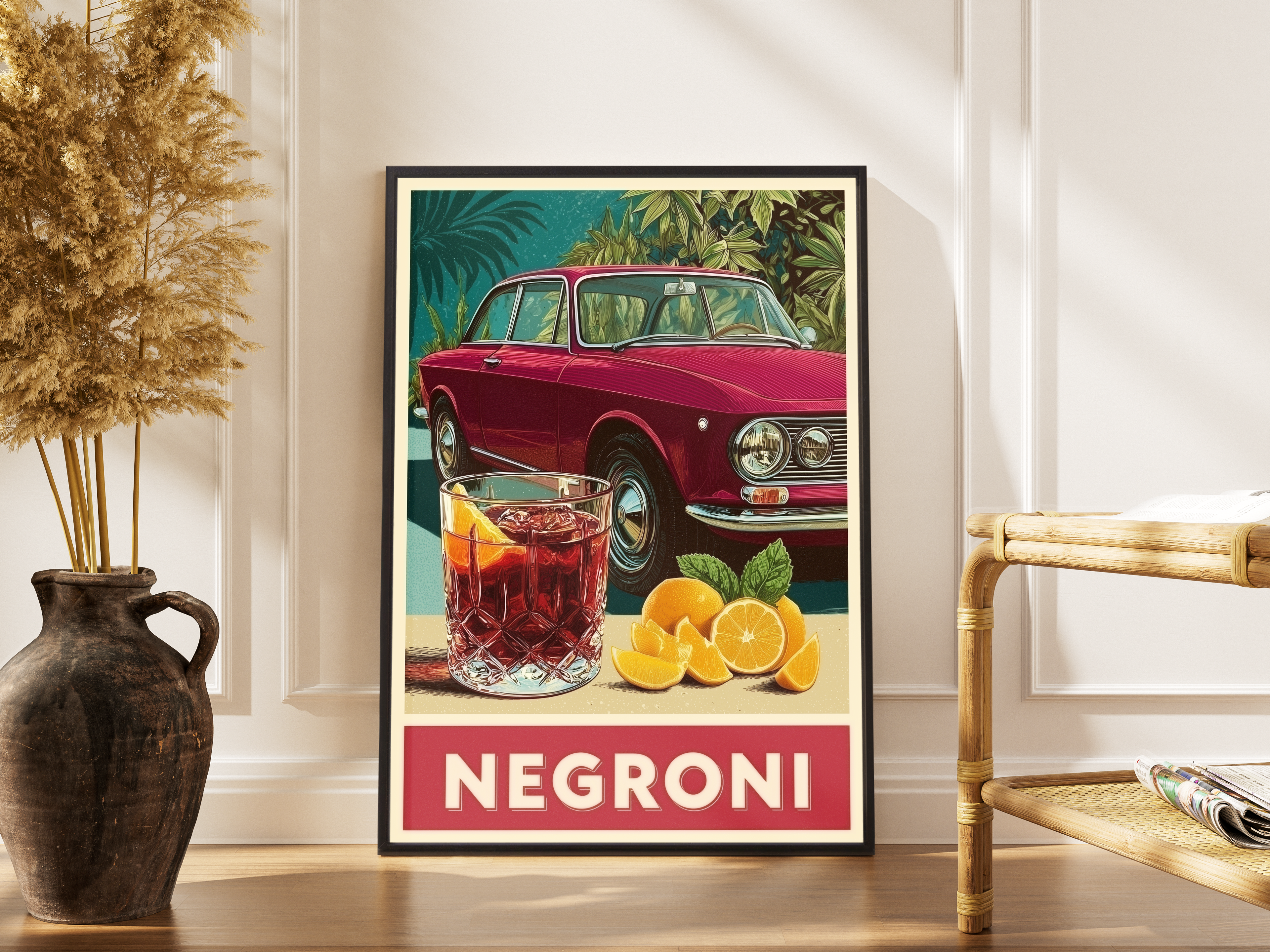 NEGRONI – Alfa Romeo Giulia GT mit Negroni-Cocktail im italienischen Retro-Poster-Stil – gerahmter Retro Kunstdruck kaufen