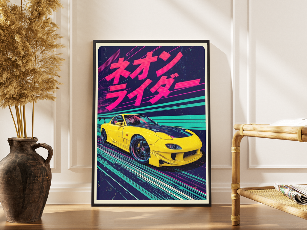 Neon Rider Retro-Japan – Mazda RX7 Neon-Optik – gerahmtes Poster kaufen | Wanddekoration
