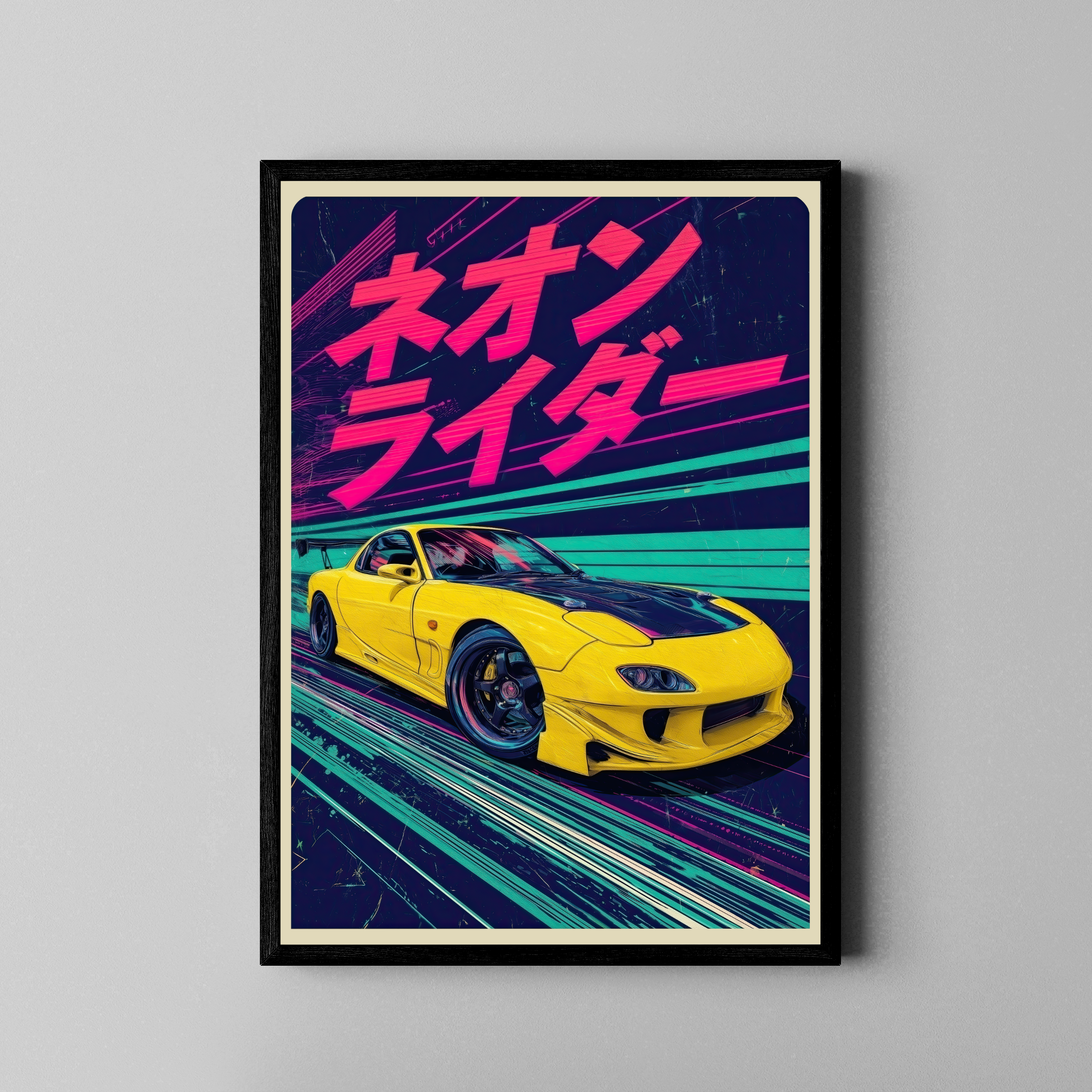 Neon Rider – RX7 Neon-Retro-Optik | Fine Art Poster im schwarzen Rahmen kaufen