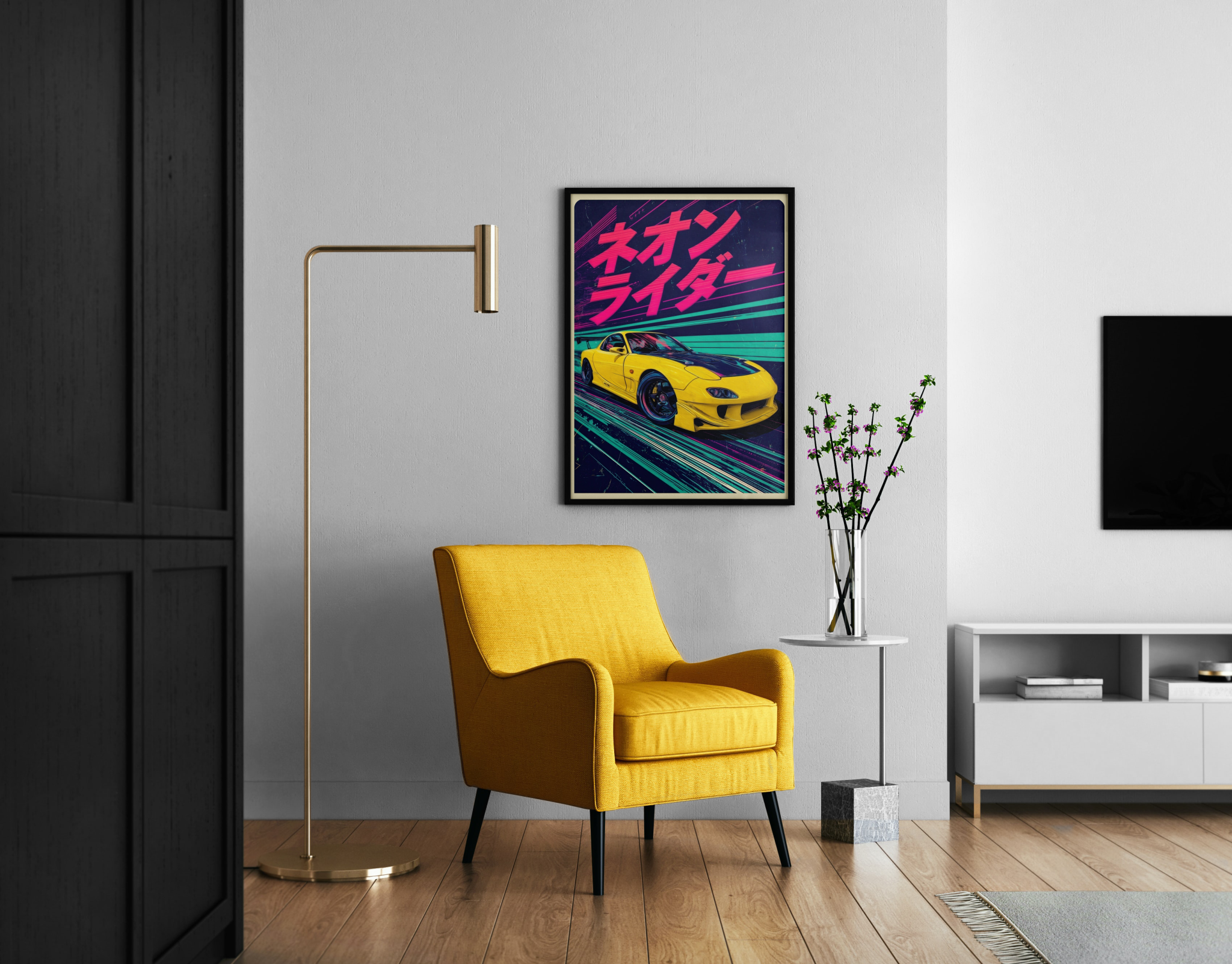 Neon Rider | Mazda RX7 Neon-Retro-Kunstdruck – Wandbild im modernen Wohnzimmer
