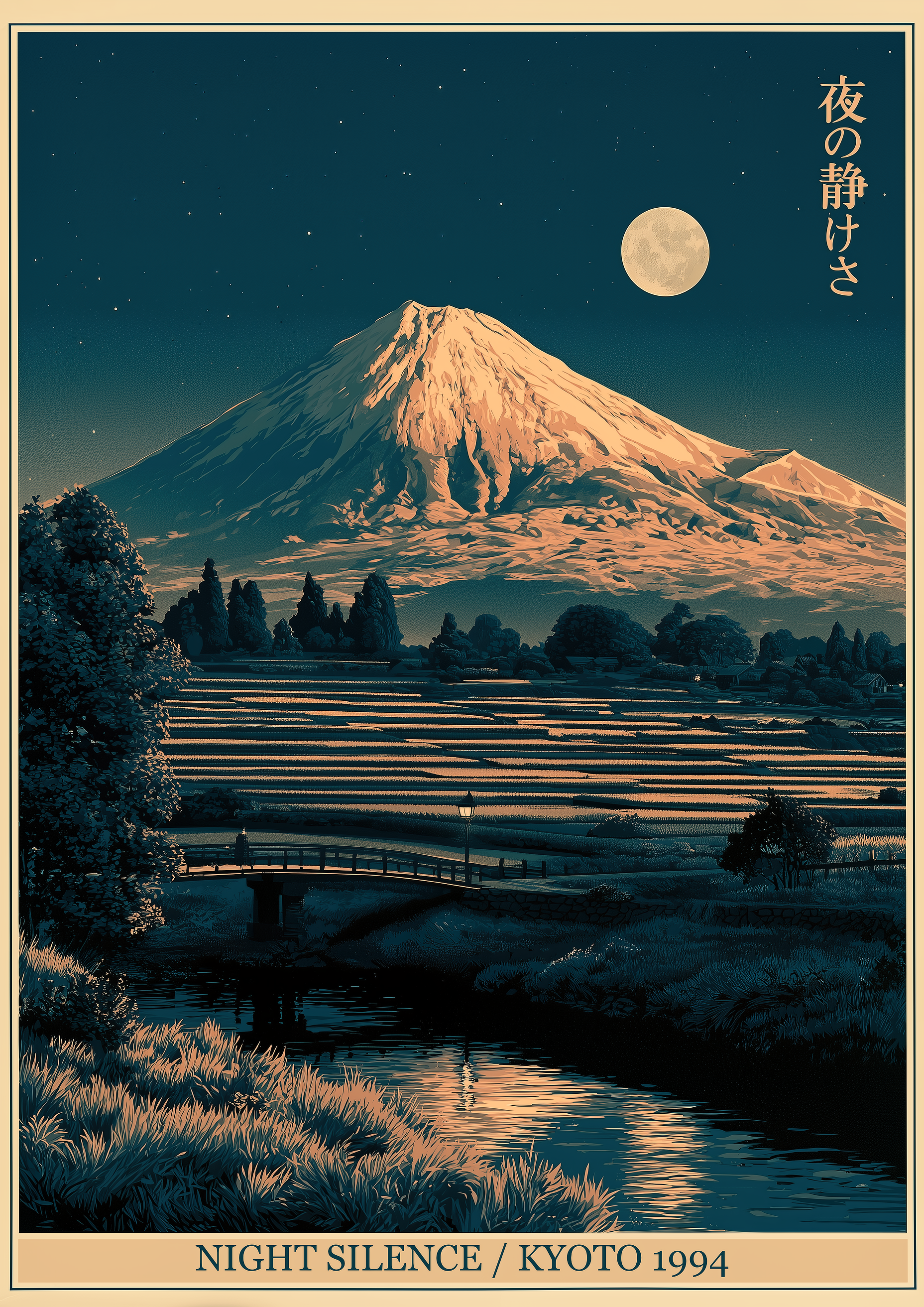 Night Silence / Kyoto 1994 – Mount Fuji Vollmond Reisfelder Nacht | Ukiyo-e-Poster-Optik – eleganter Kunstdruck