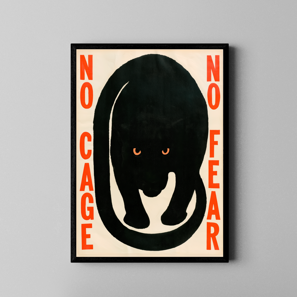 No Fear – Panther stilisiert No Cage No Fear Vintage | Siebdruck-Stil – Poster im schwarzen Rahmen