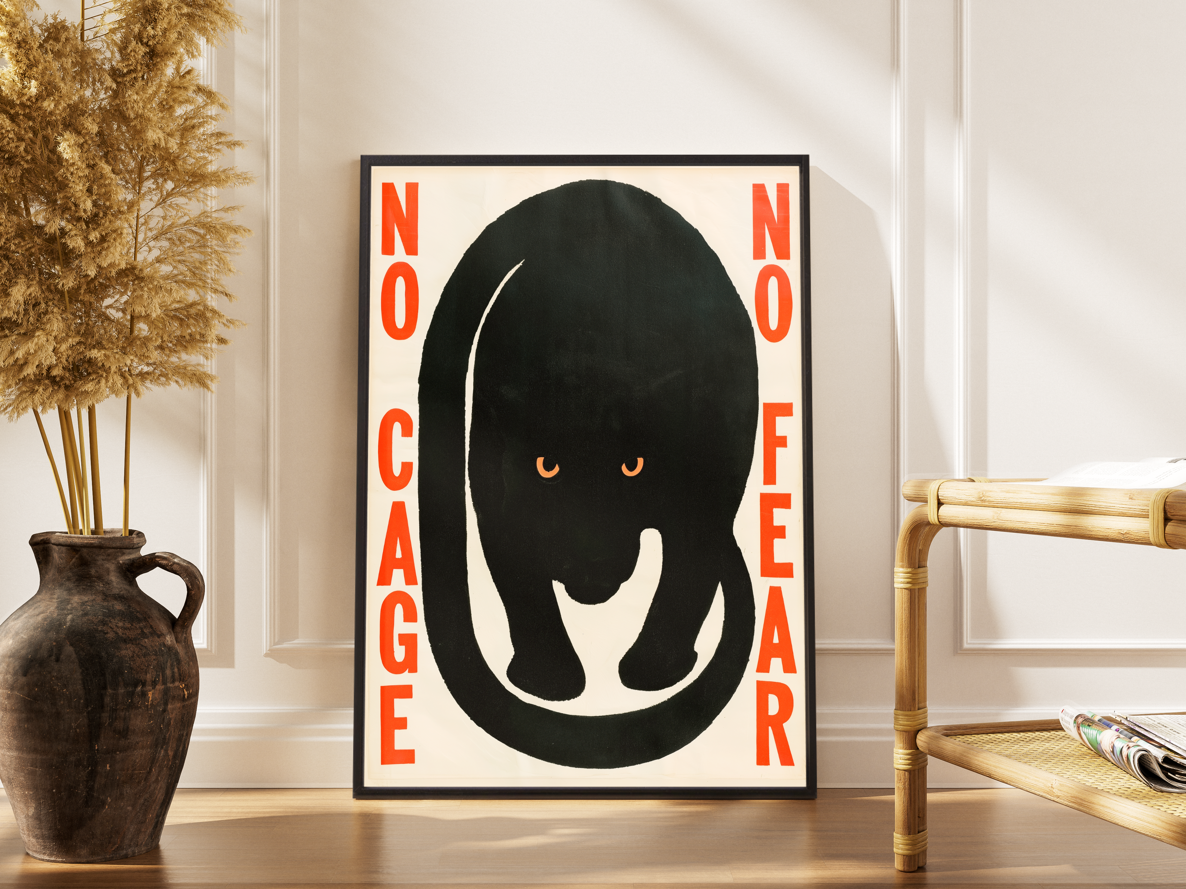 No Fear – schwarzer Panther Vintage Fine Art Poster rot | Tier-Siebdruckdruck – gerahmtes Poster kaufen