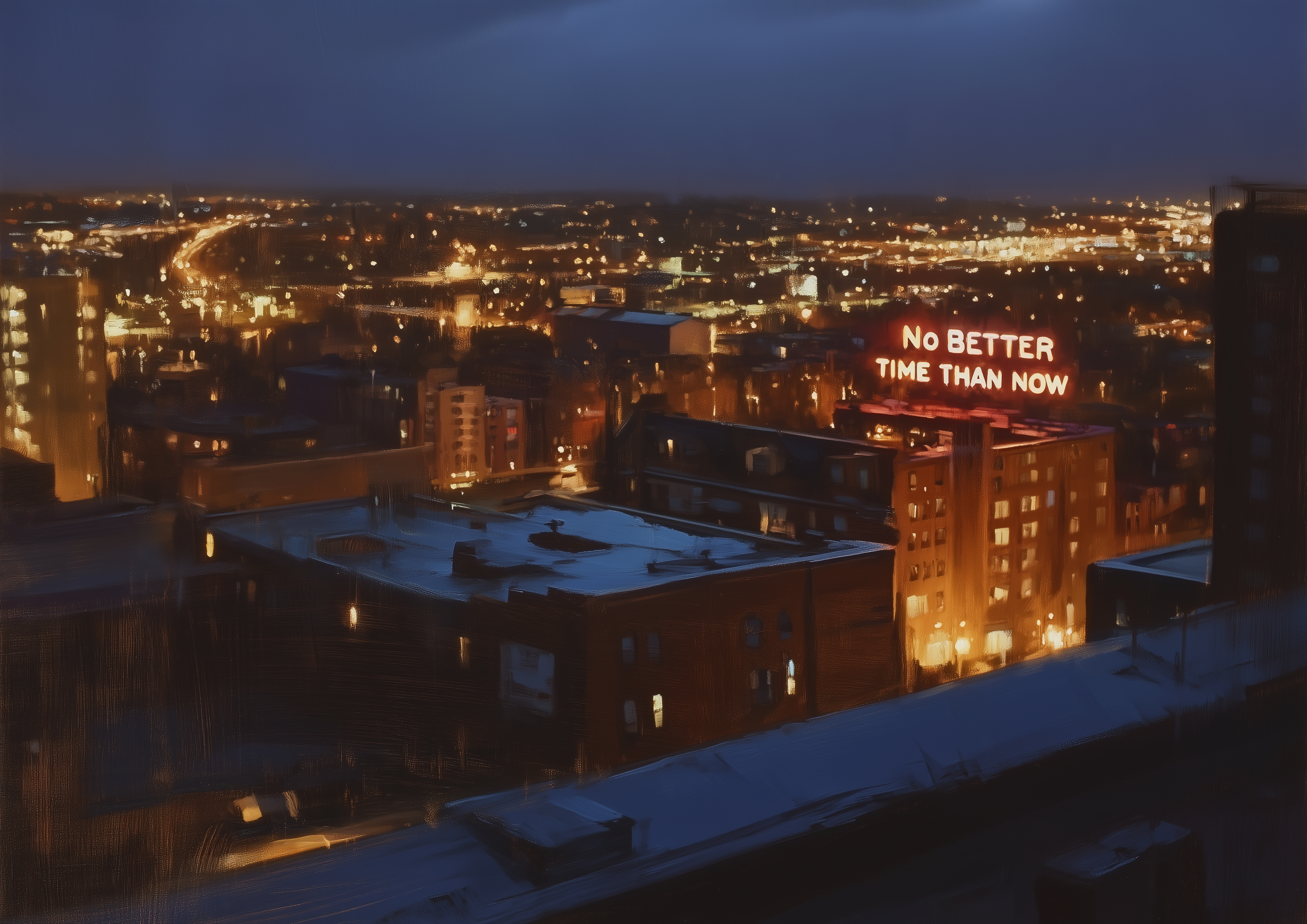 NO BETTER TIME THAN NOW – Neonschrift auf Stadtpanorama, Nacht, Ölgemälde-Stil – eleganter Kunstdruck