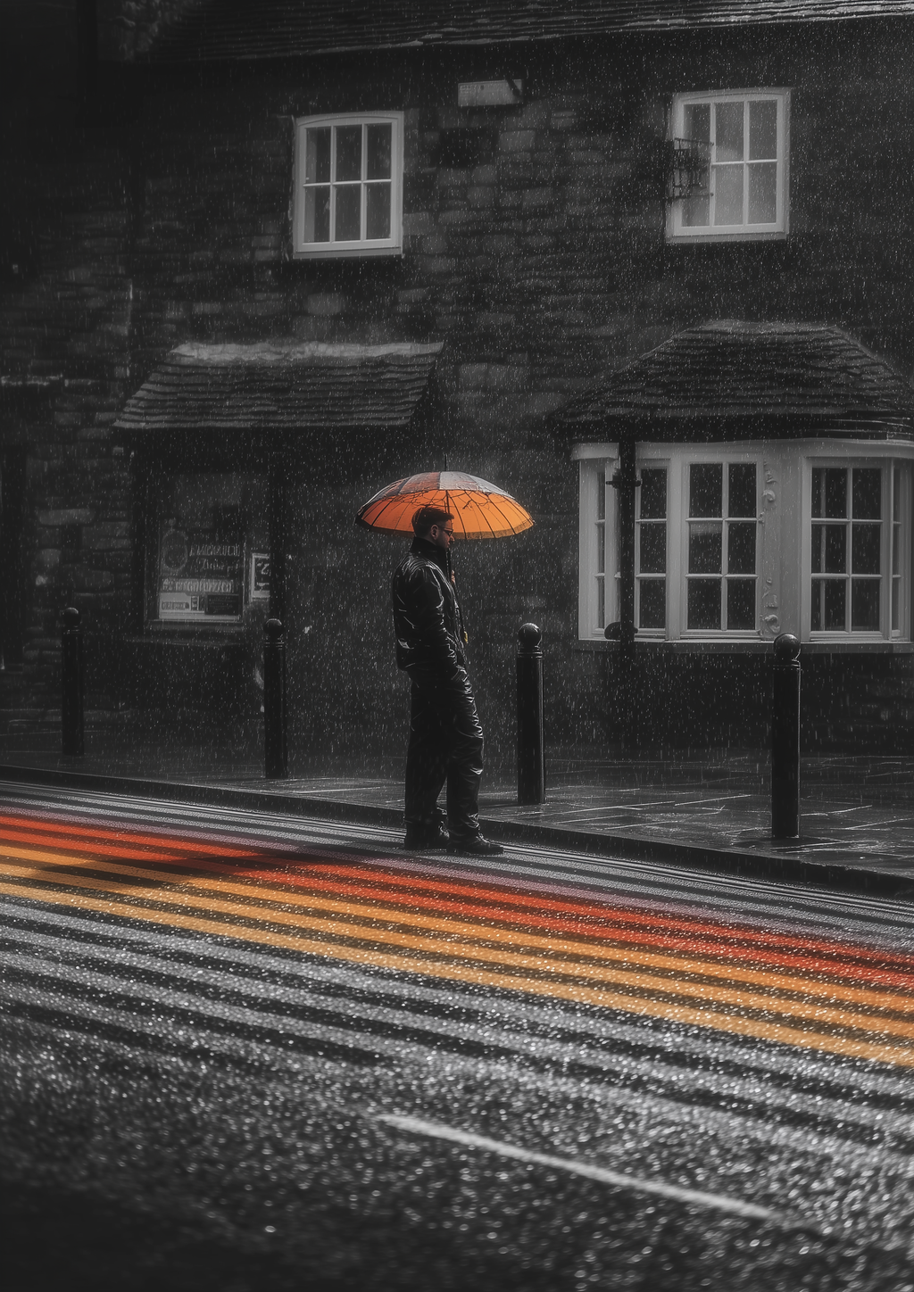 Schwarz-Weiß Fotografie mit orangem Regenschirm und buntem Zebrastreifen im Regen – urbaner Fine Art Kunstdruck