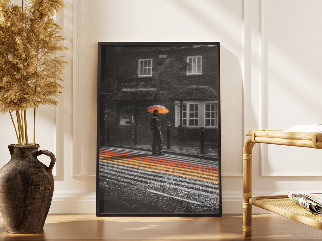 Schwarz-Weiß Fotografie mit orangem Regenschirm und buntem Zebrastreifen im Regen – gerahmter urbaner Kunstdruck kaufen