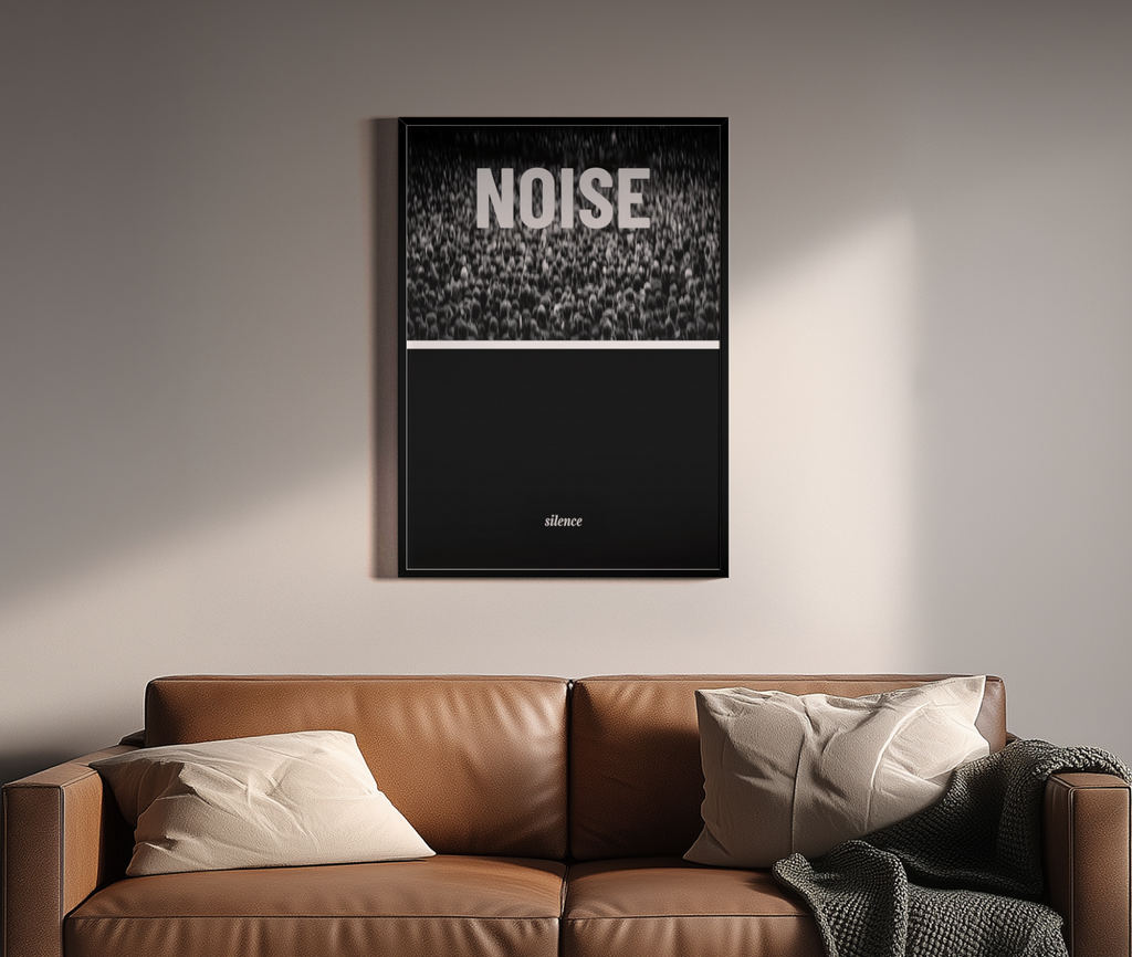 Noise Silence – Rauschen Leere Gegensatz Wandbild minimal | Minimalist-Optik – Wandbild über braunem Ledersofa