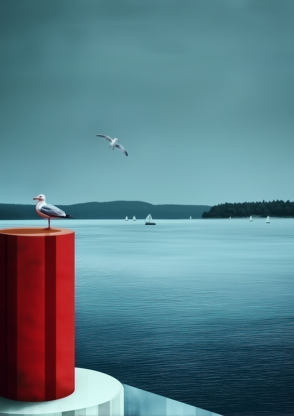 Möwe auf roter Boje an ruhigem See – atmosphärischer Fine Art Kunstdruck