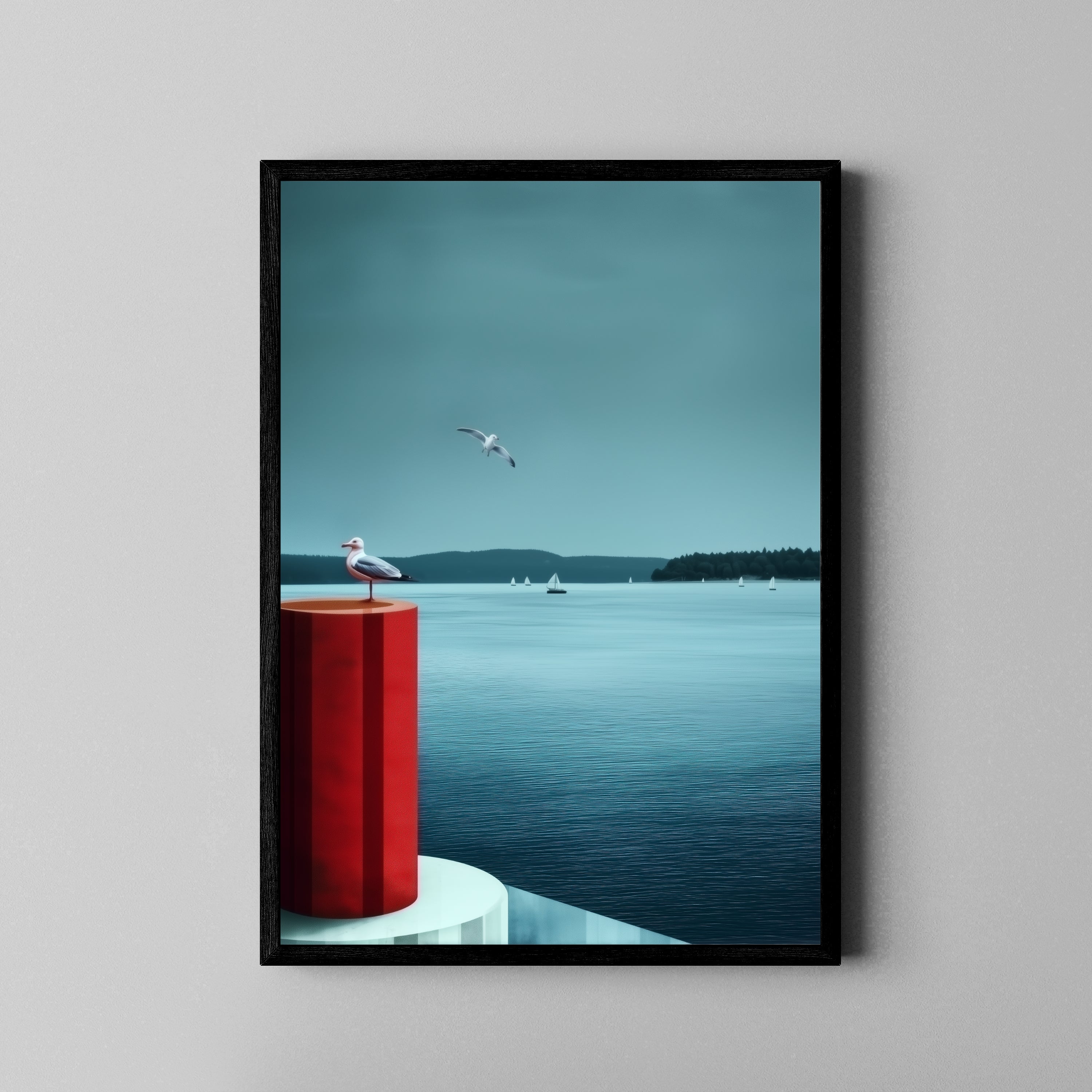Möwe auf roter Boje an ruhigem See – Fine Art Poster im schwarzen Rahmen