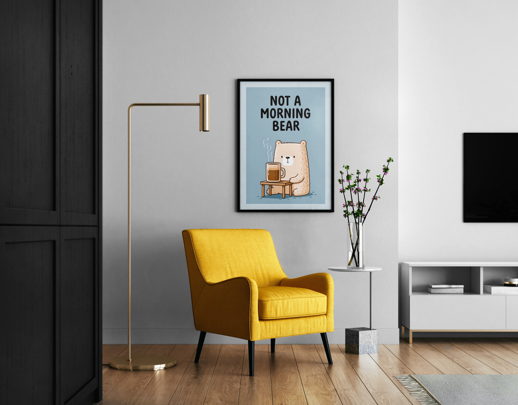 Not a Morning Bear – Humor Bär Kaffee Wanddekoration blau | Illustration-Kunstdruck – Wandbild im modernen Wohnzimmer