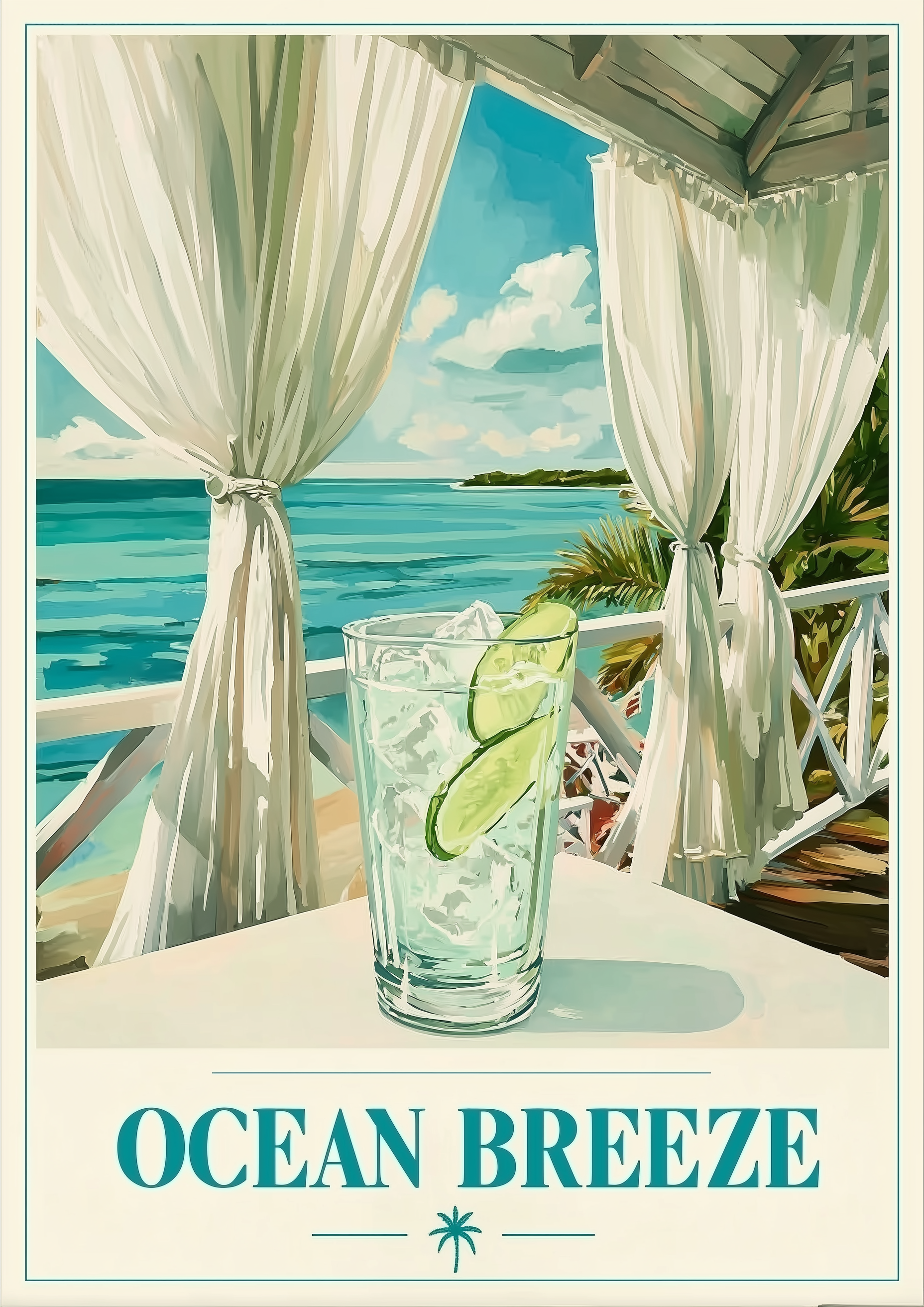 OCEAN BREEZE – Gin Tonic auf Karibik-Veranda mit Meeresblick – sommerlicher Retro Travel Kunstdruck