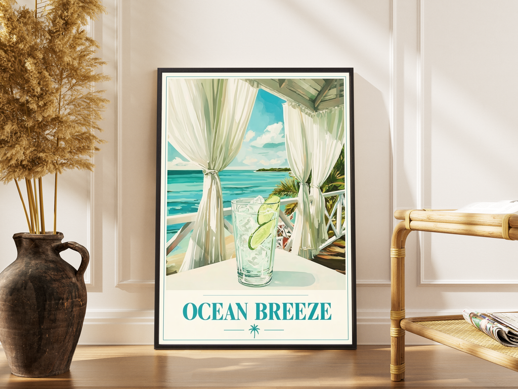 OCEAN BREEZE – Gin Tonic auf Karibik-Veranda mit Meeresblick – gerahmter Retro Travel Kunstdruck kaufen